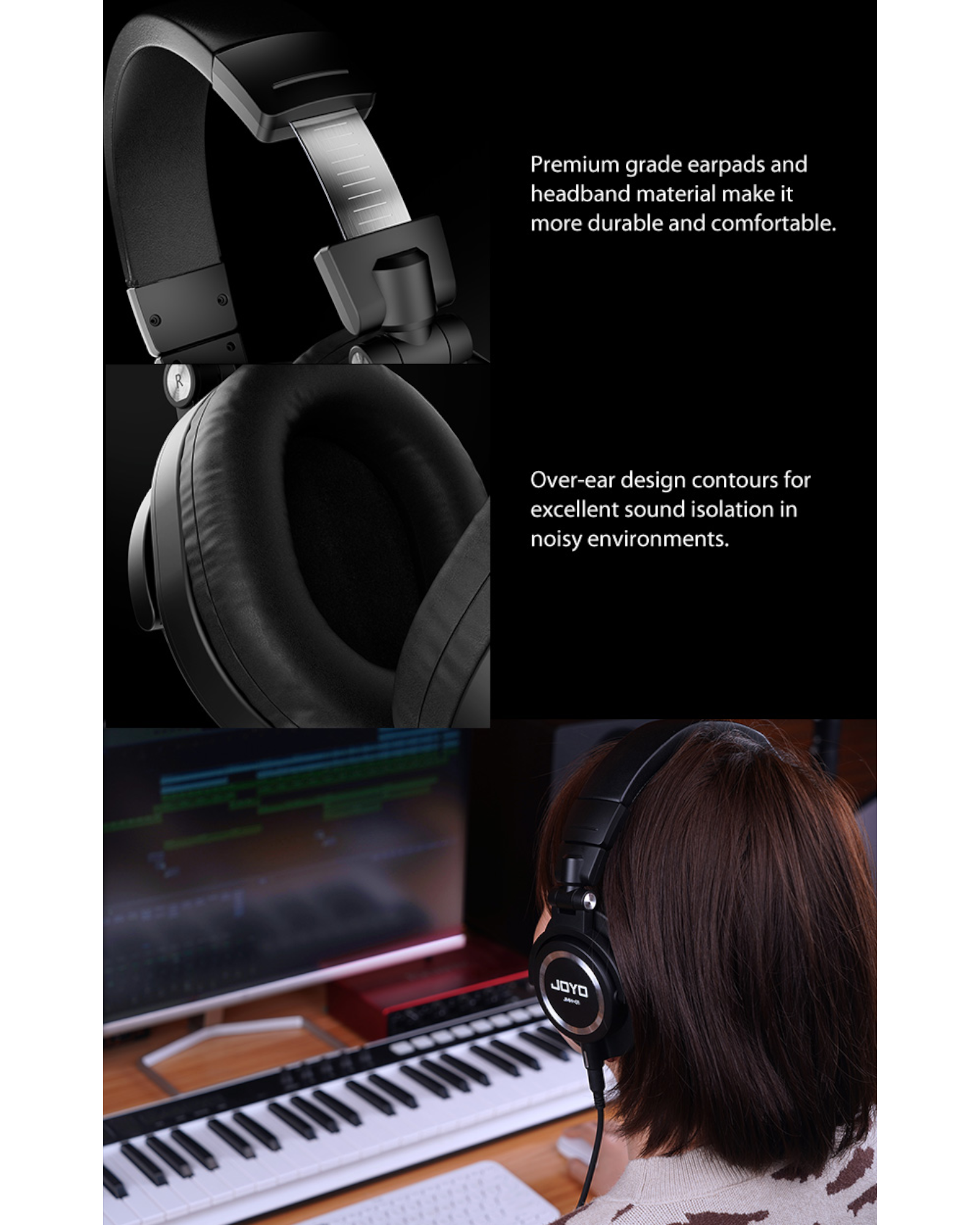 Joyo Professional Monitor Headphones w/ Built-In Retractable Cable & Swivelling Design - JMH01