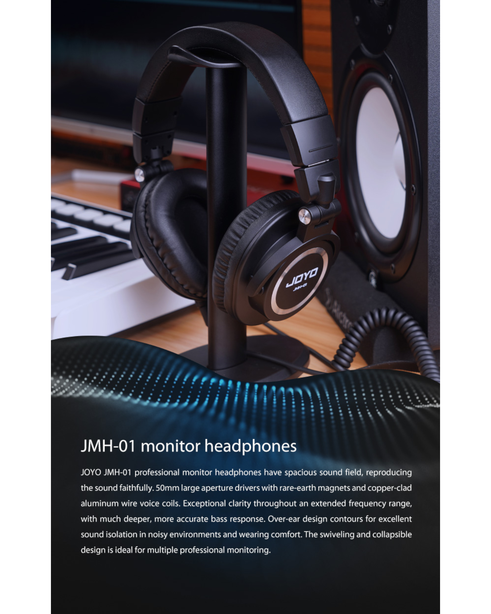 Joyo Professional Monitor Headphones w/ Built-In Retractable Cable & Swivelling Design - JMH01