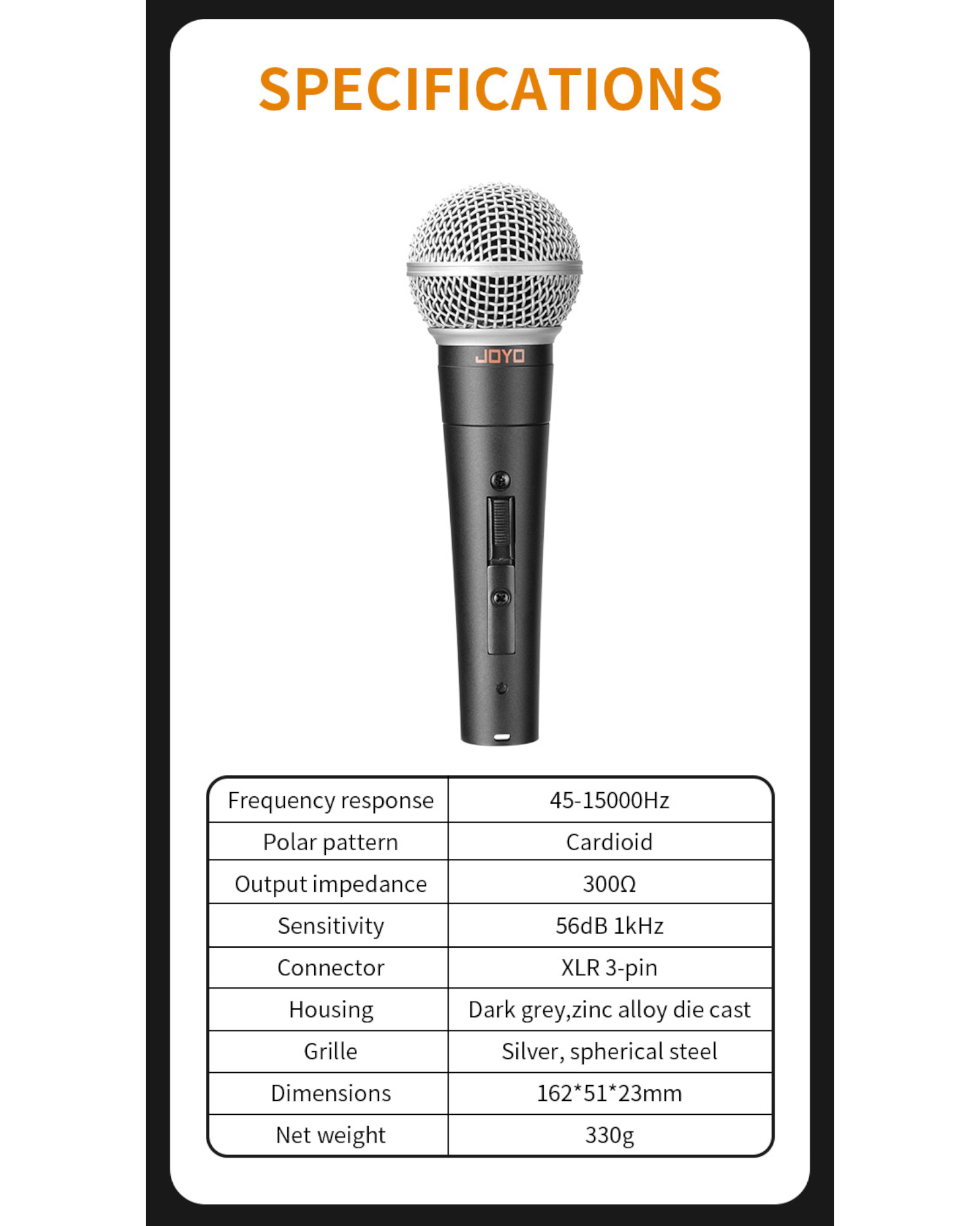 Joyo Professional Dynamic Vocal XLR Microphone w/ 5m Microphone Cable & Hard Carry Case - DM1