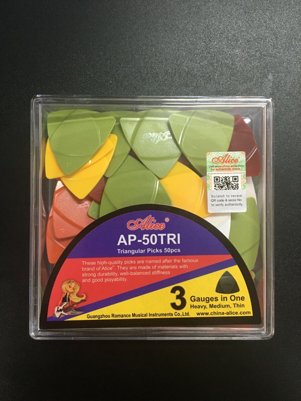 Alice AP-50TRI Mixed Color Picks 4 Guitar/Banjo/Bass/Ukulele-50Pcs,3 gauges in 1