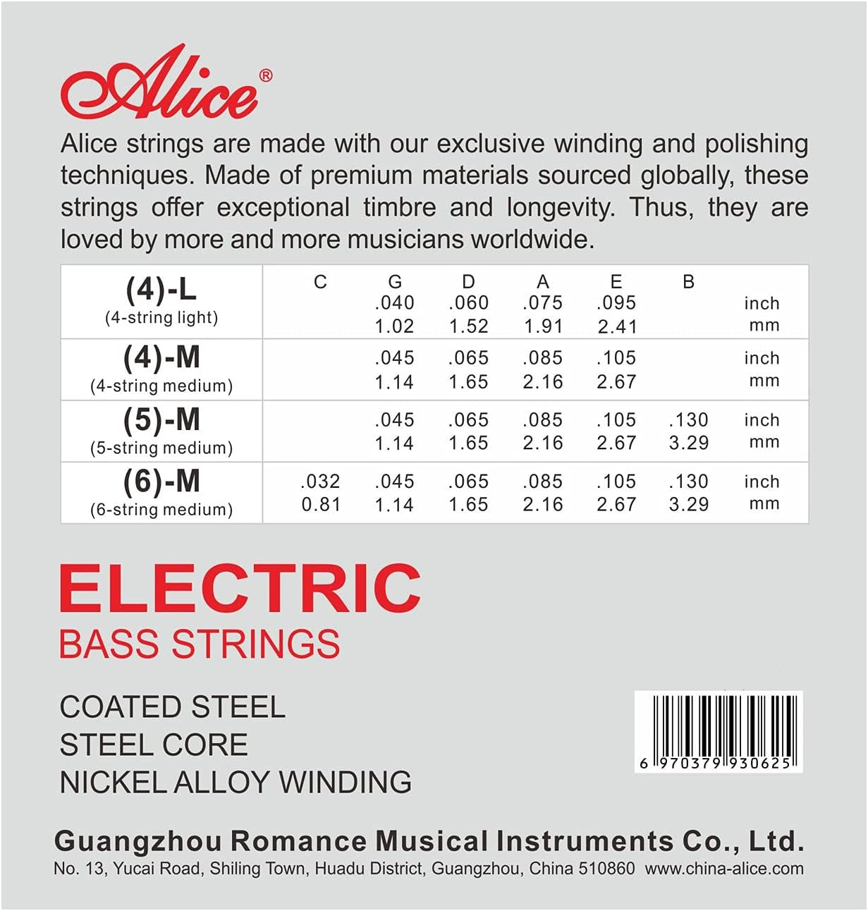 Alice A606L4 4-String Electric Bass Guitar Strings Light .040 ~ .095,