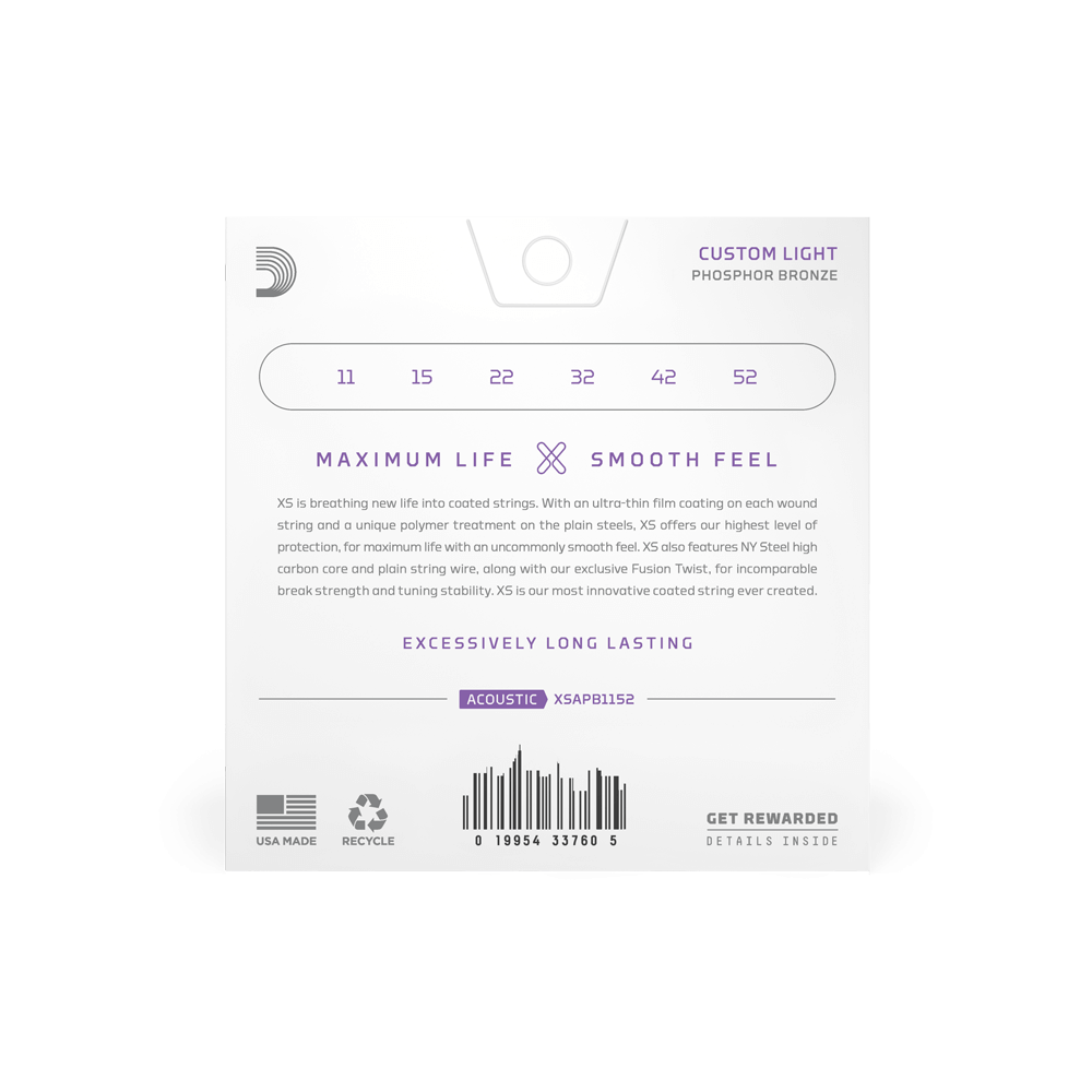 D’Addario 11-52 XS Phosphor Bronze Coated Acoustic Guitar Strings – Custom Light (.011–.052) (XSAPB1152)
