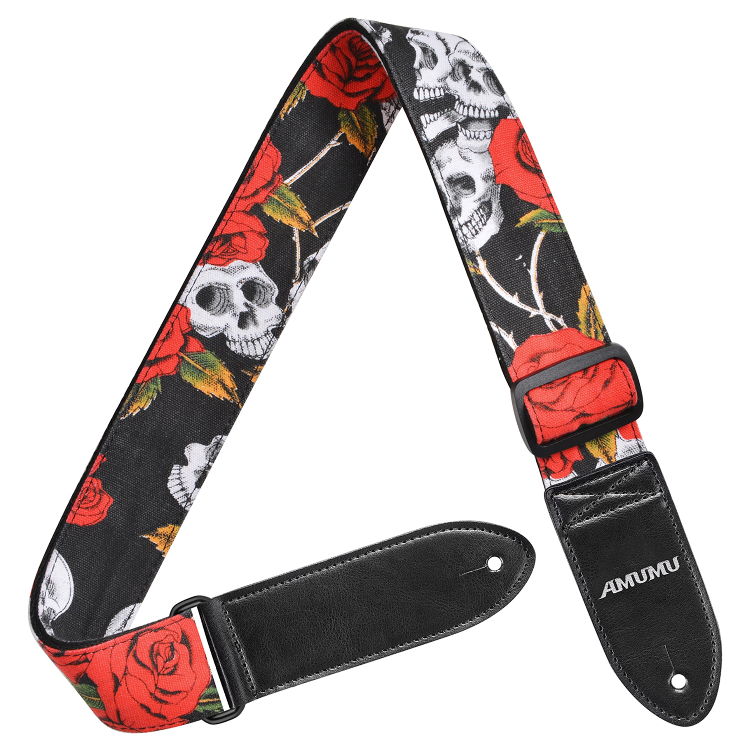 Amumu DN01P Skull Rose Guitar Strap Red Denim for Acoustic/ Electric Guitars, Bass