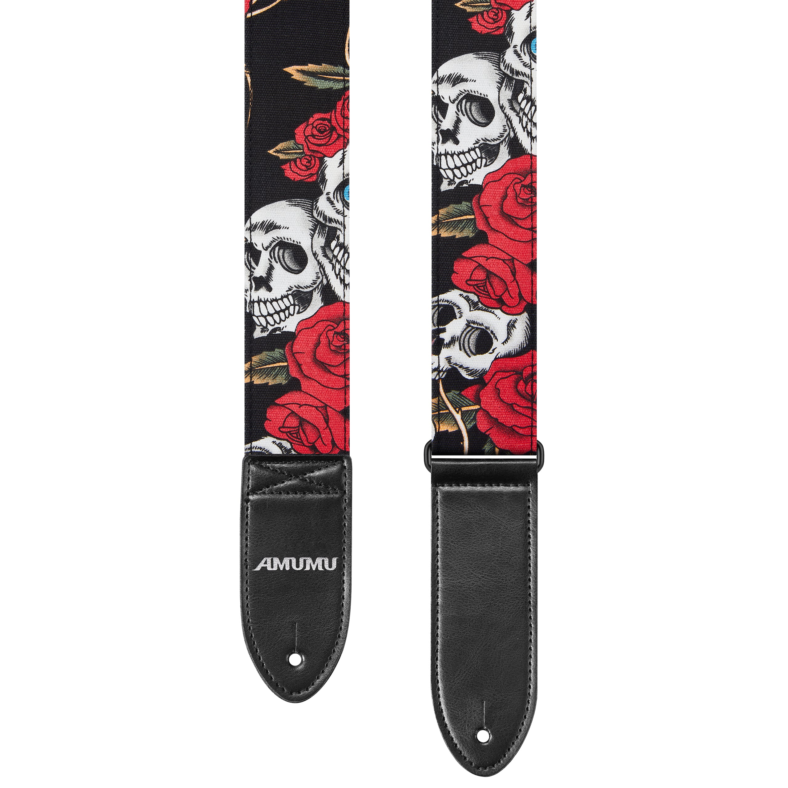 Amumu DN01P Skull Rose Guitar Strap Red Denim for Acoustic/ Electric Guitars, Bass