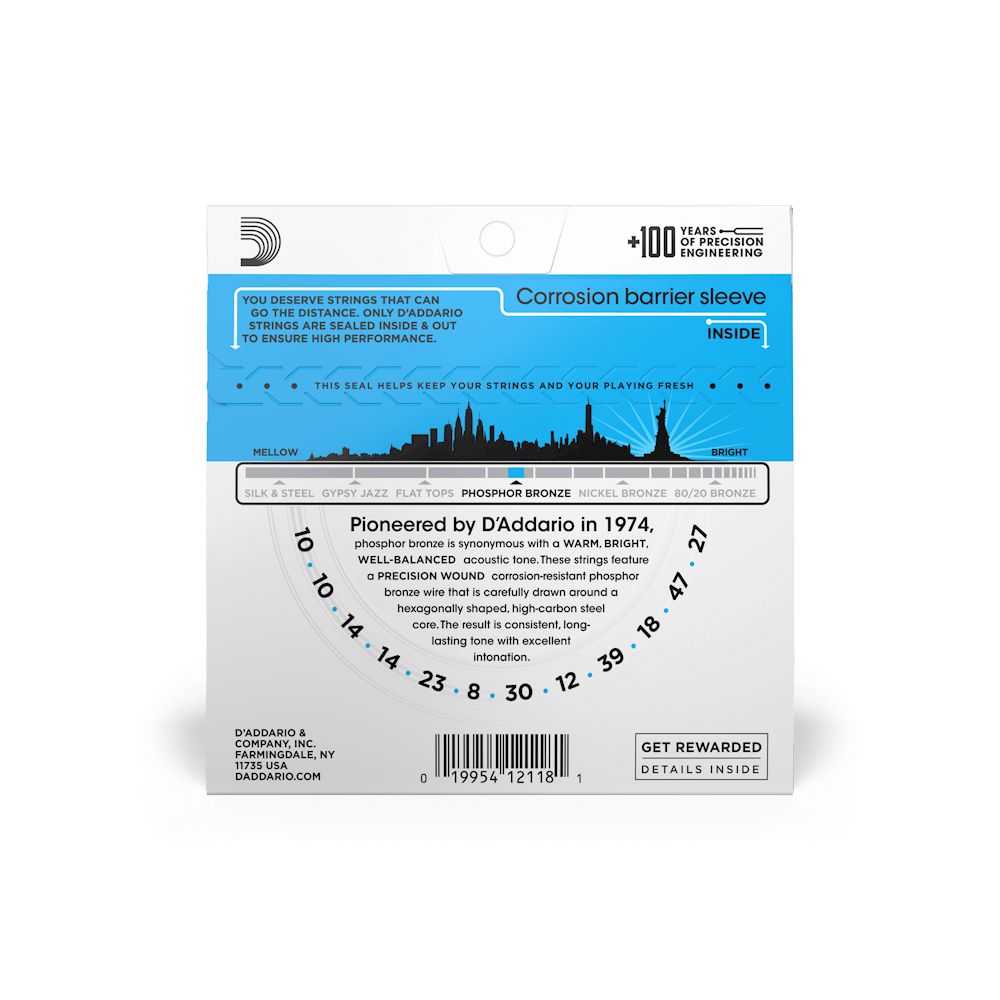 D’Addario 10-47 Phosphor Bronze 12-String Acoustic Guitar Strings – Extra Light (EJ38)