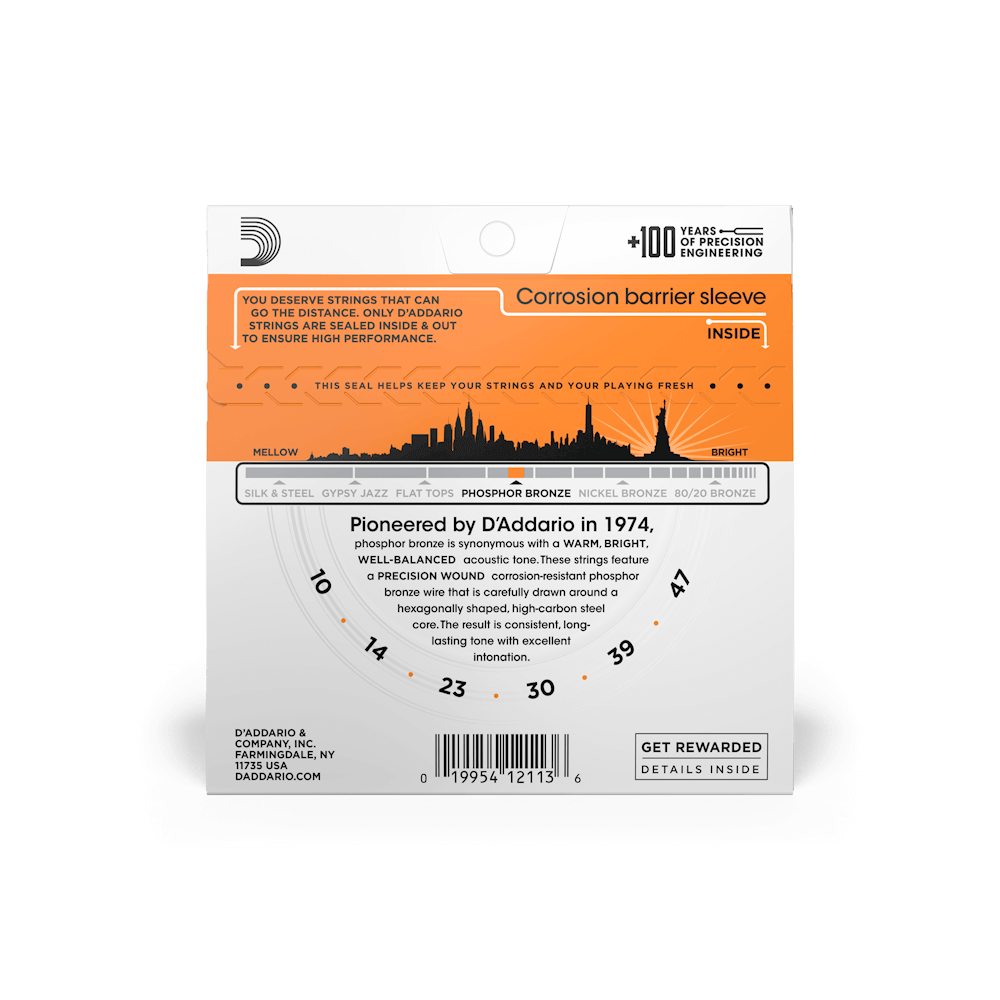 D’Addario 10-47 Phosphor Bronze Acoustic Guitar Strings – Extra Light (.010–.047) (EJ15)