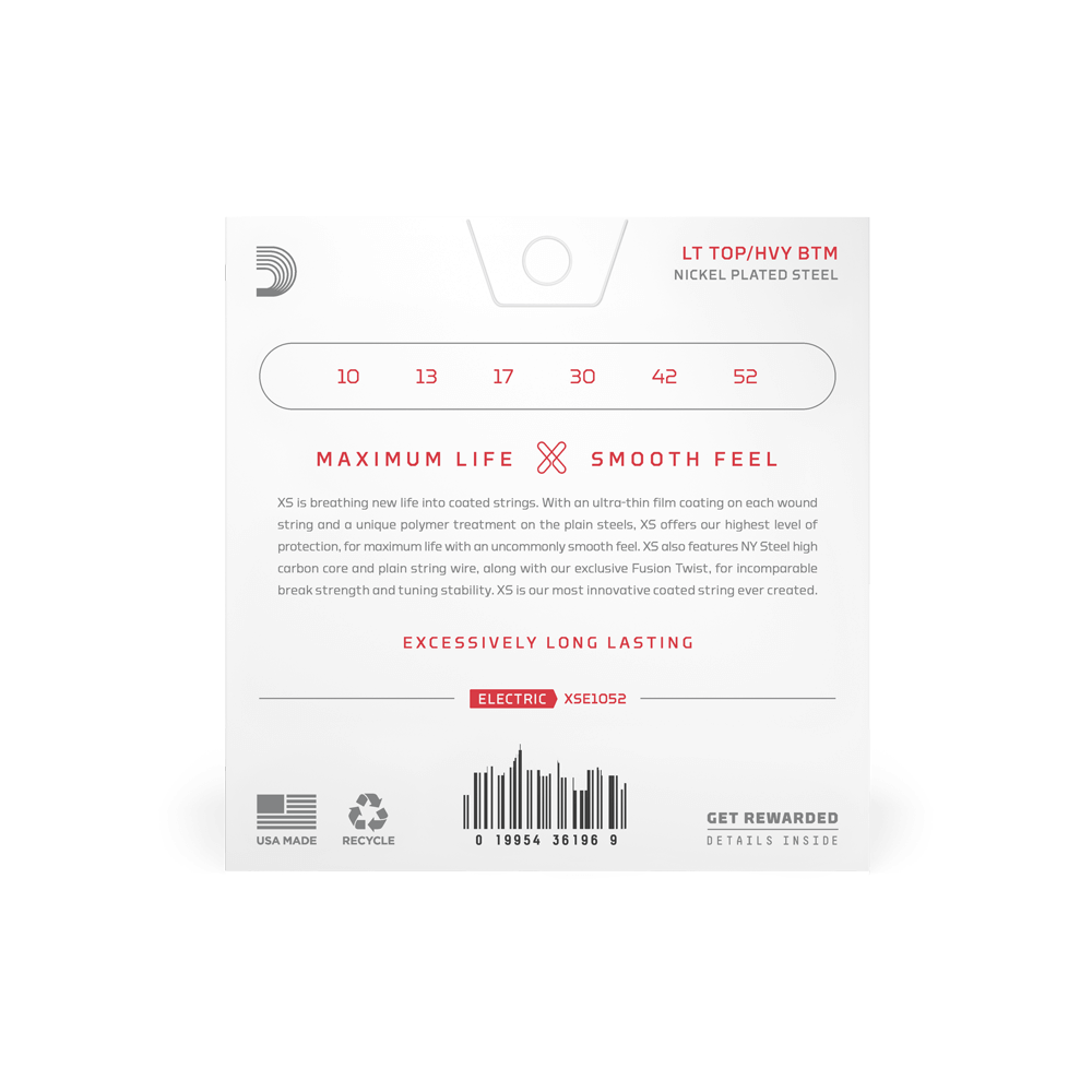 D’Addario 10-52 XS Coated Nickel Electric Guitar Strings – Light Top/Heavy Bottom (.010–.052) (XSE1052)