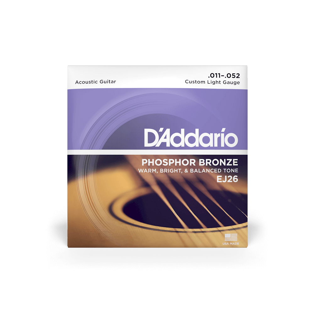 D’Addario 11-52 Phosphor Bronze Acoustic Guitar Strings – Custom Light (.011–.052) (EJ26)