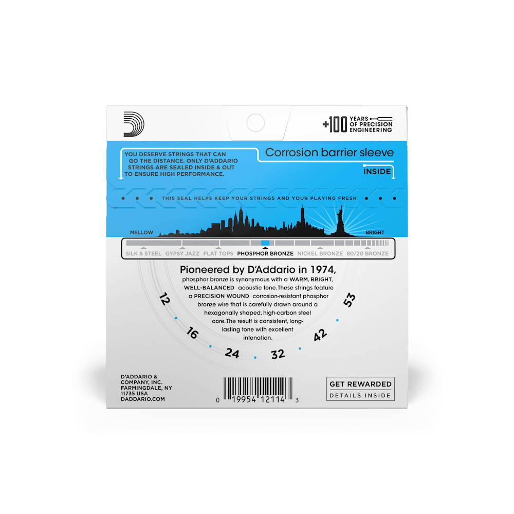 D’Addario 12-53 Phosphor Bronze Acoustic Guitar Strings – Light (.012–.053) (EJ16)