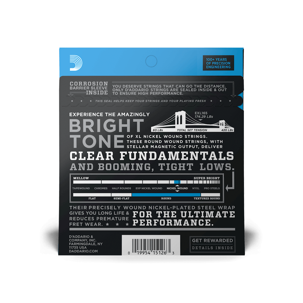 D’Addario 45-105 XL Nickel Bass Strings – Regular Light Top/Medium Bottom, Long Scale (EXL165)