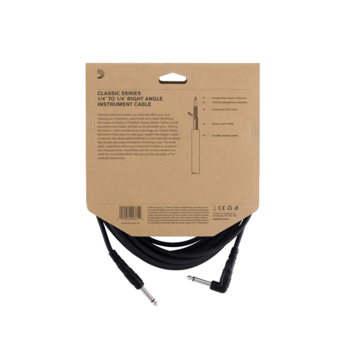 D'Addario Classic Series 1/4" Jack Instrument Cable - Right-Angle-Straight