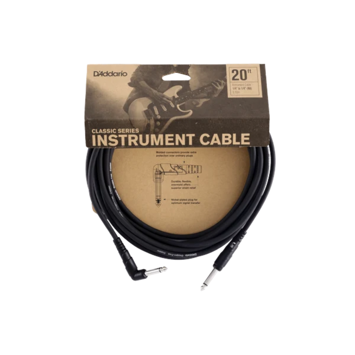 D'Addario Classic Series 1/4" Jack Instrument Cable - Right-Angle-Straight