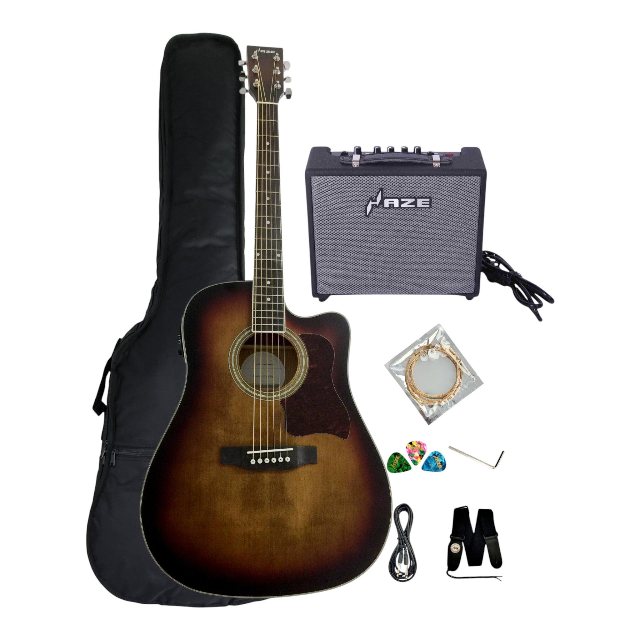 Haze F650DVSCEQ Mahogany Top Built-In Pickup/Tuner Cutaway Acoustic Guitar - Tobaccoburst with Accessories and 10W Amp. (Optional)
