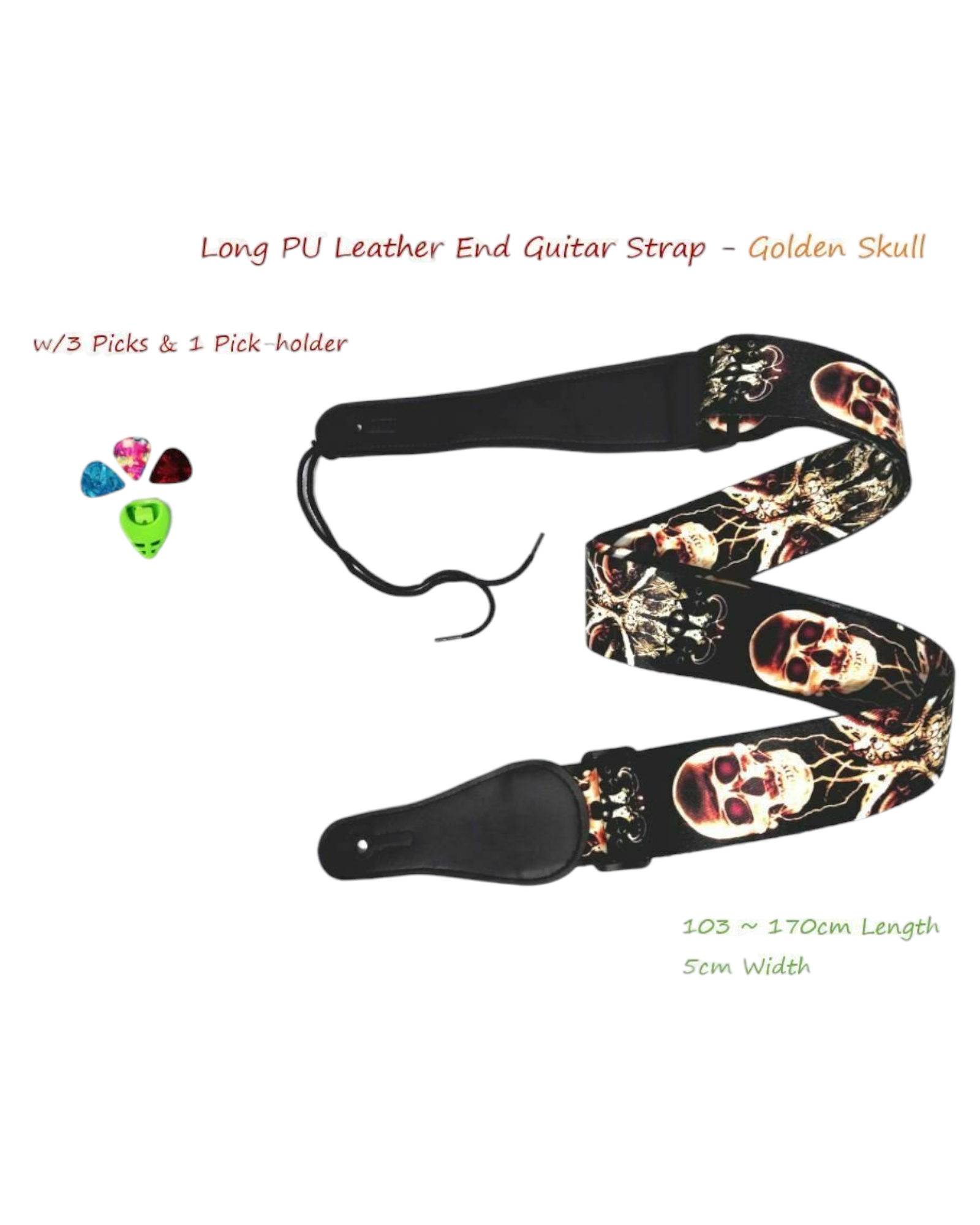 Long PU Leather End Guitar Strap, Length Adjustable 103~170cm, "Golden Skull", GSGOLD