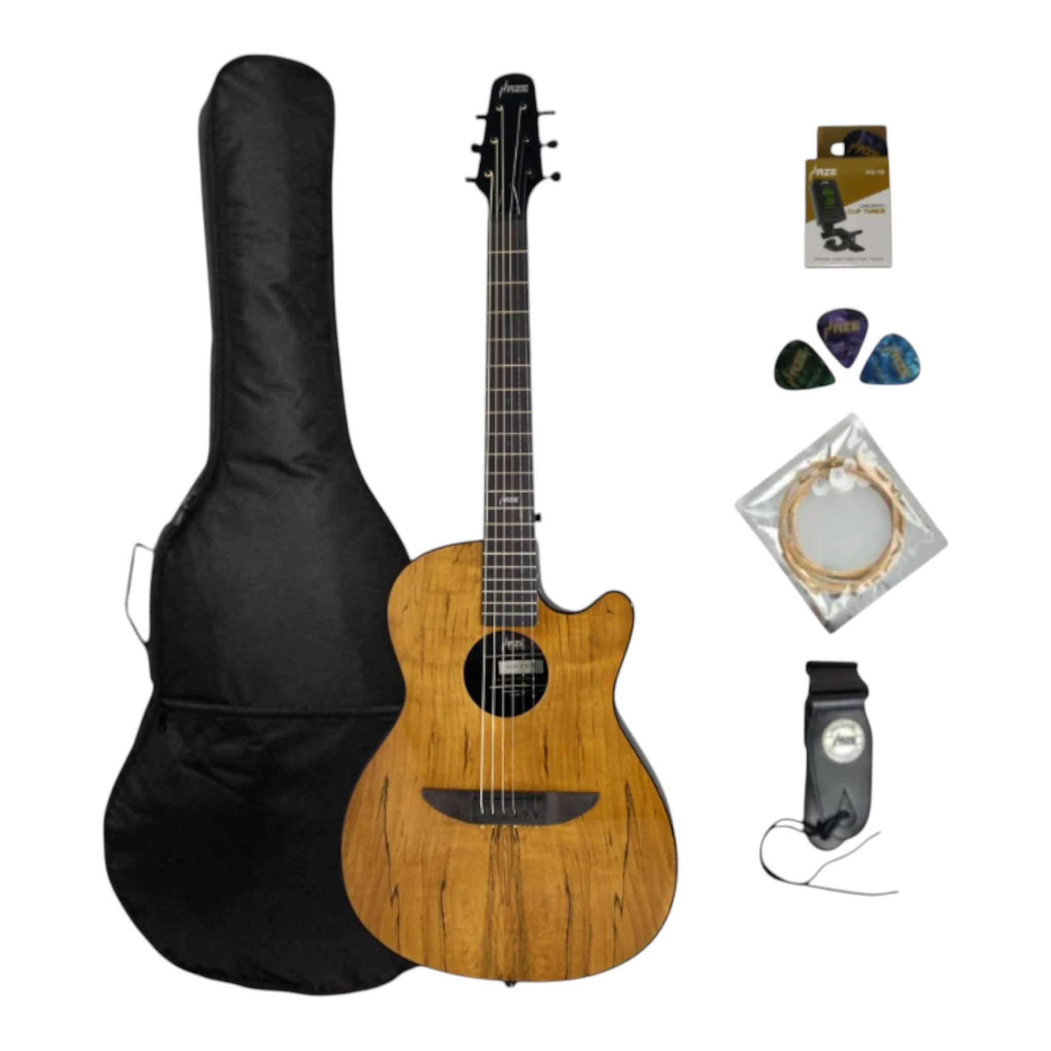 Haze HSDP836CGC Acoustic/Classical Guitar, Spalted Maple Veneer, Round-Back + Free Bago