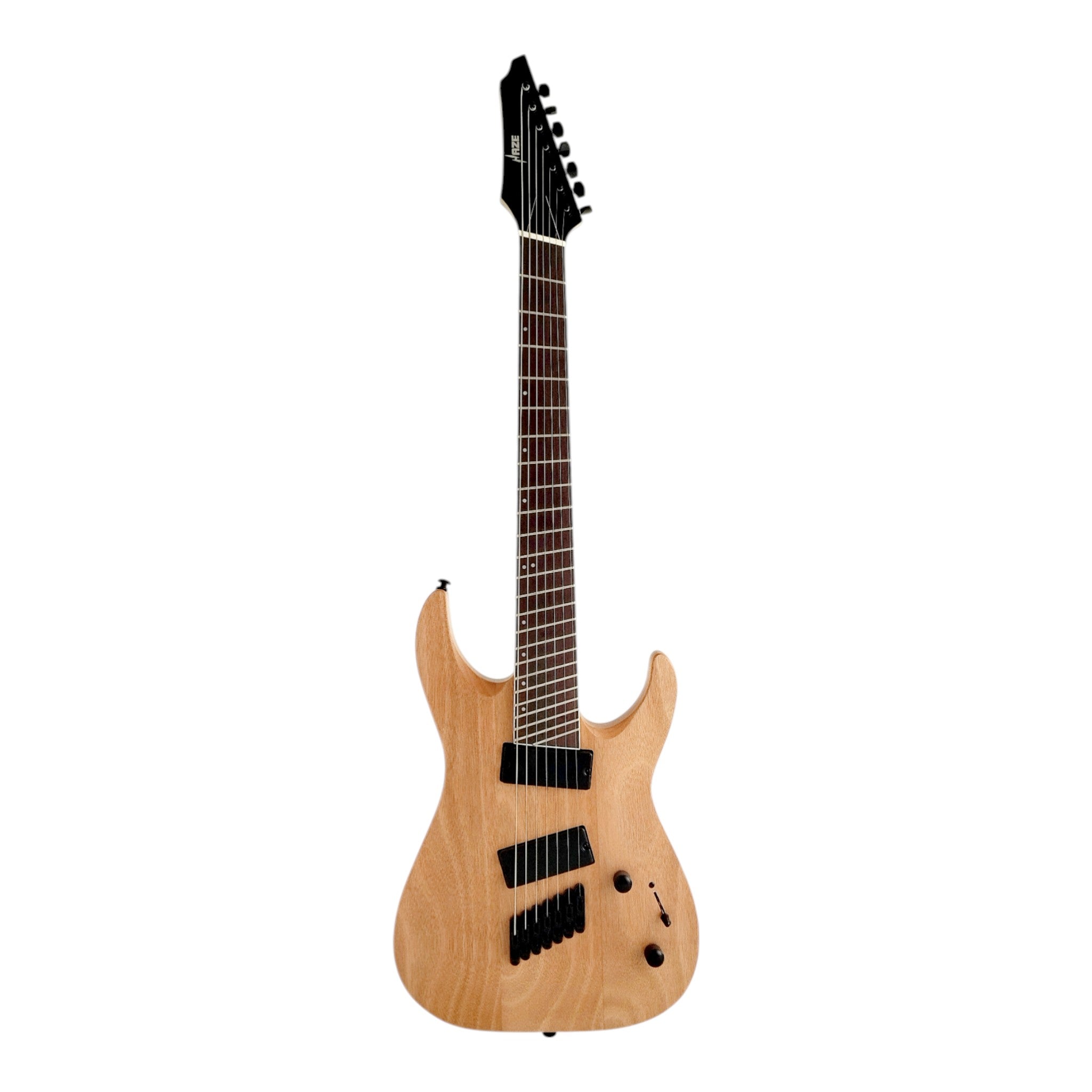 Haze 7FF Natural Oil 7-String Fanned Fret Electric Guitar with Active Humbuckers