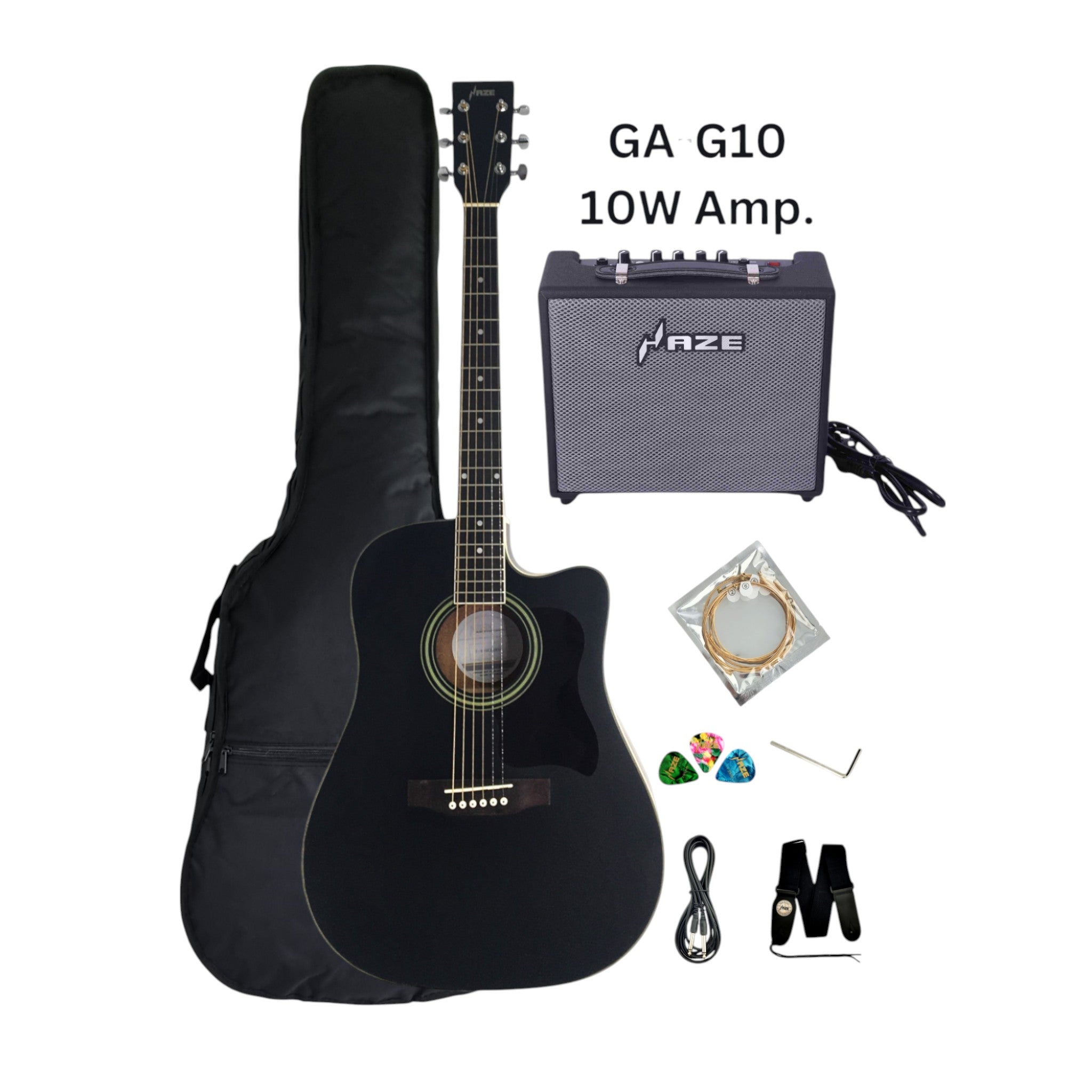 Haze F650CEQMBK Spruce Top Built-In Pickup/Tuner Dreadnought Acoustic Guitar - Black with Accessories and 10W Amp. (Optional)