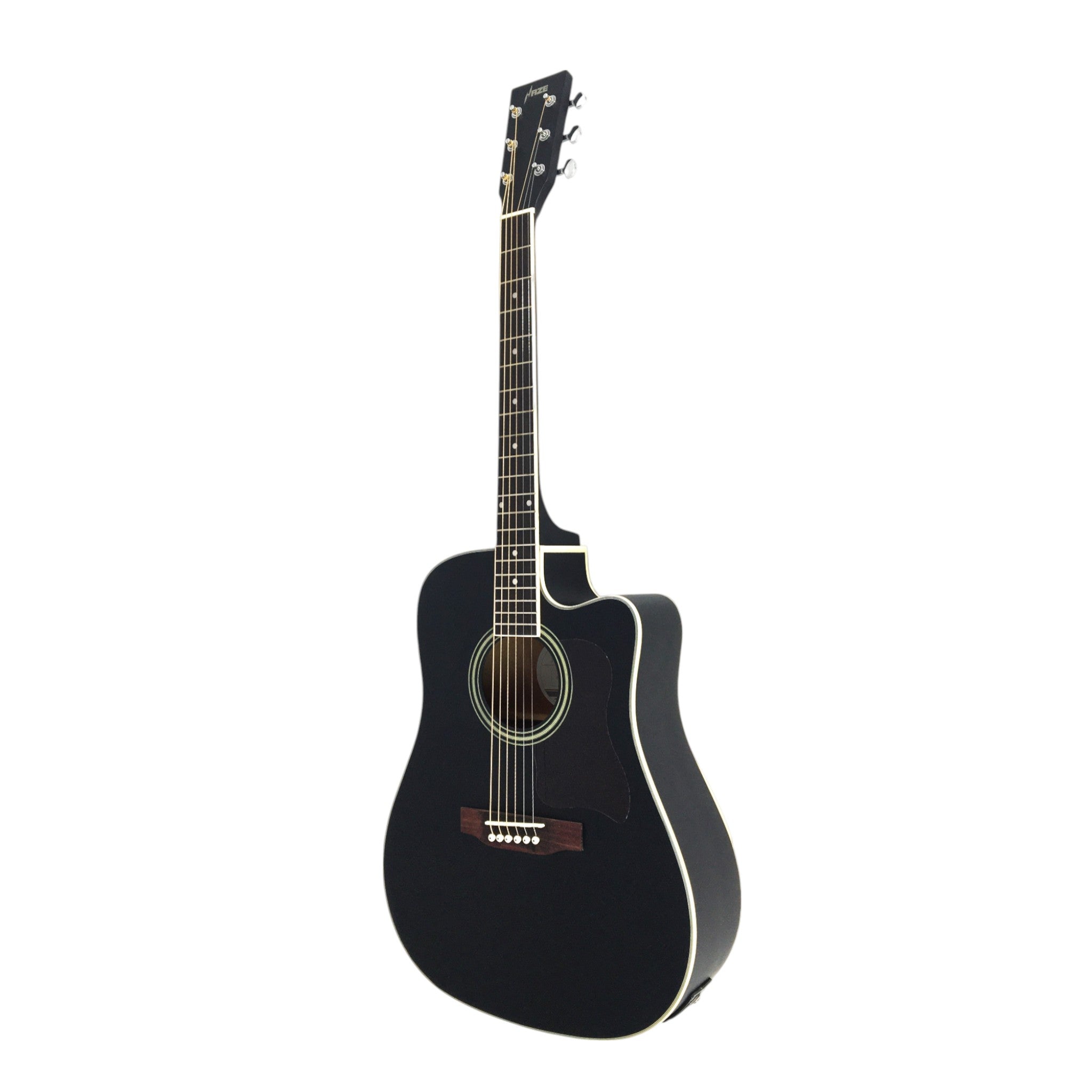 Haze F650CEQMBK Spruce Top Built-In Pickup/Tuner Dreadnought Acoustic Guitar - Black with Accessories and 10W Amp. (Optional)