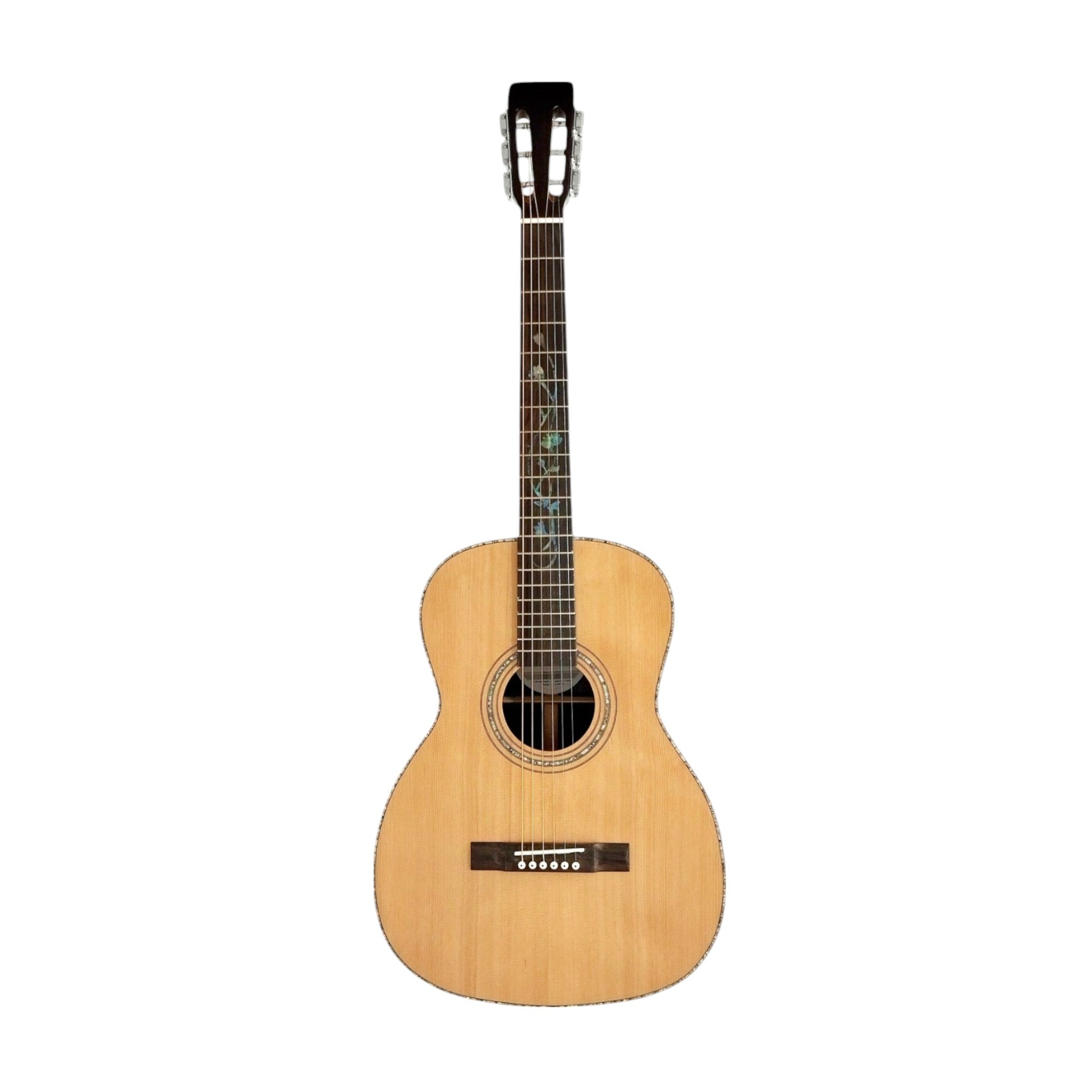 Haze LOTUS Parlor Acoustic Guitar – Solid Cedar Top, Gloss Natural, Abalone Vine Inlay