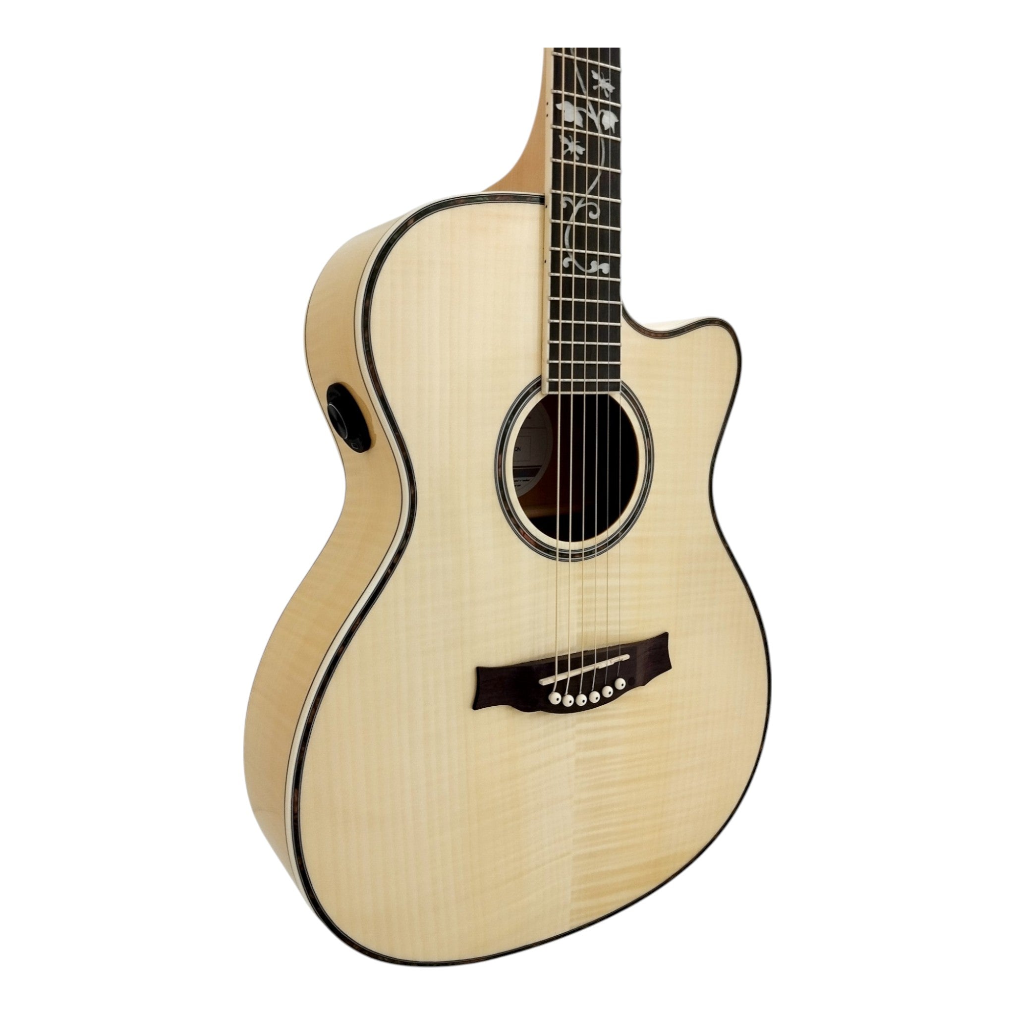 Haze SDG837SPCEQN All Flame Maple with Double OS1 Vibration Pickup Cutaway Acoustic Guitar - Natural