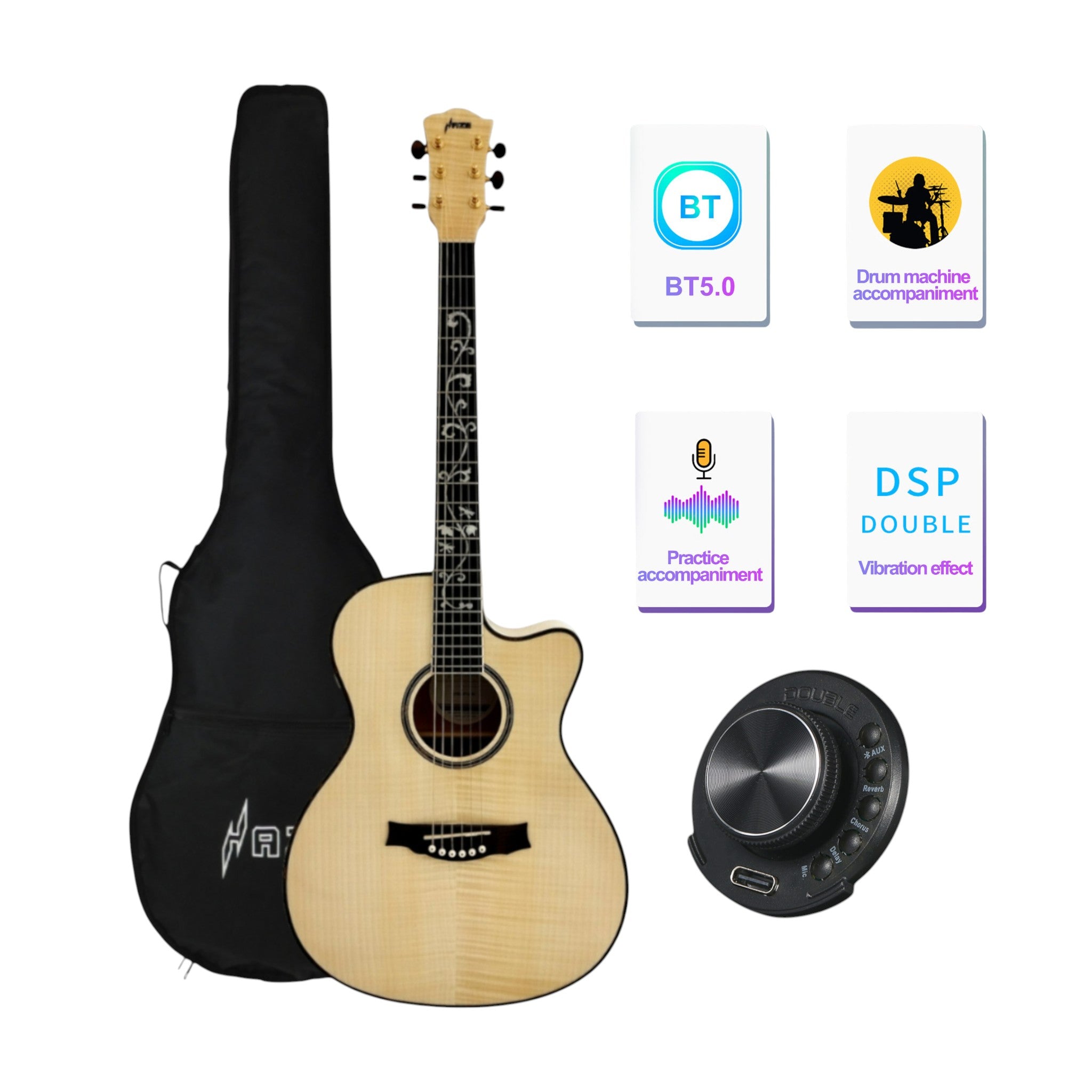 Haze SDG837SPCEQN All Flame Maple with Double OS1 Vibration Pickup Cutaway Acoustic Guitar - Natural