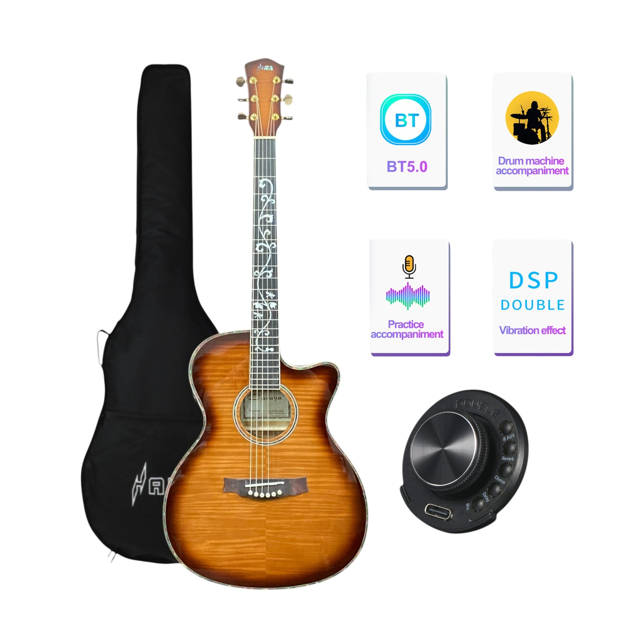 Haze SDG837 Smart Acoustic-Electric Guitar – Flame Maple, Gloss Sunburst, Built-In Reverb & Chorus