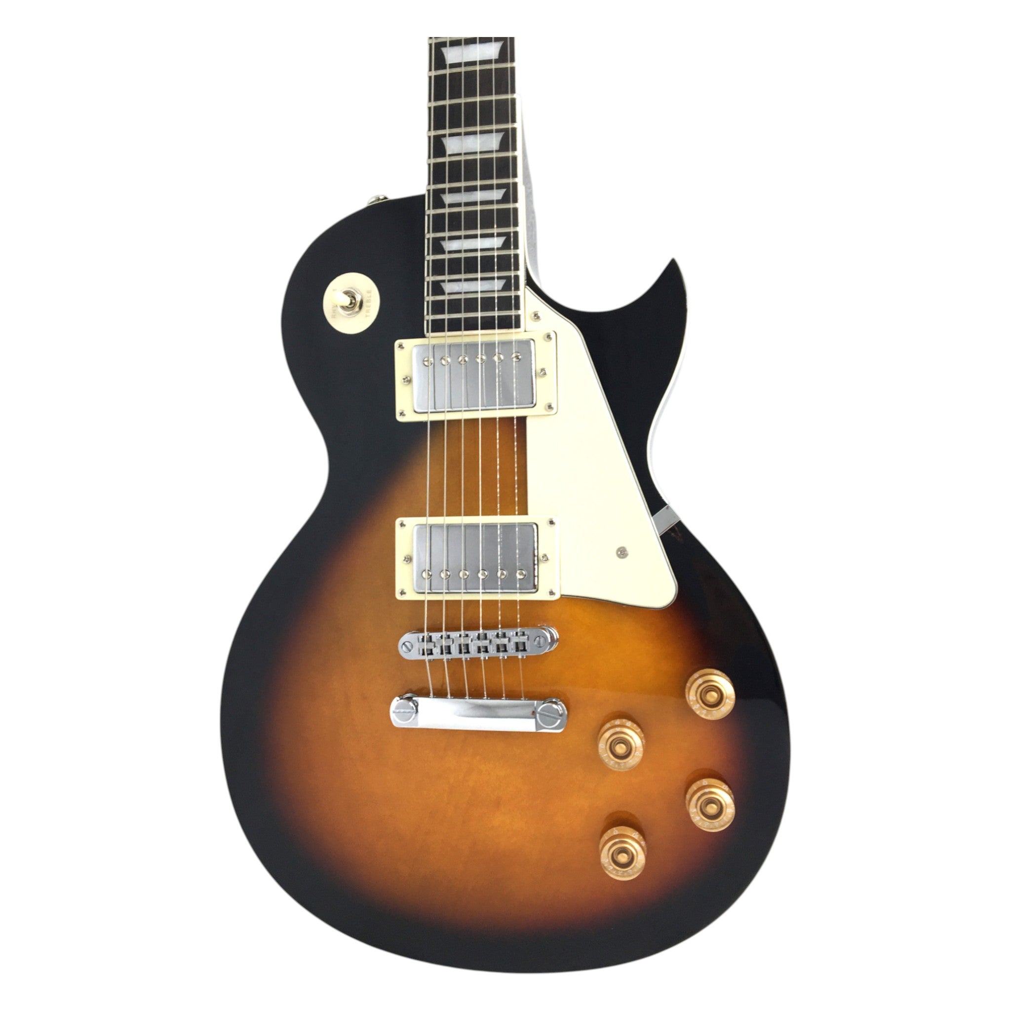 Haze SEG277 Vintageburst Electric Guitar with Humbuckers and Flame Maple Top + 10W Amp. (Optional)