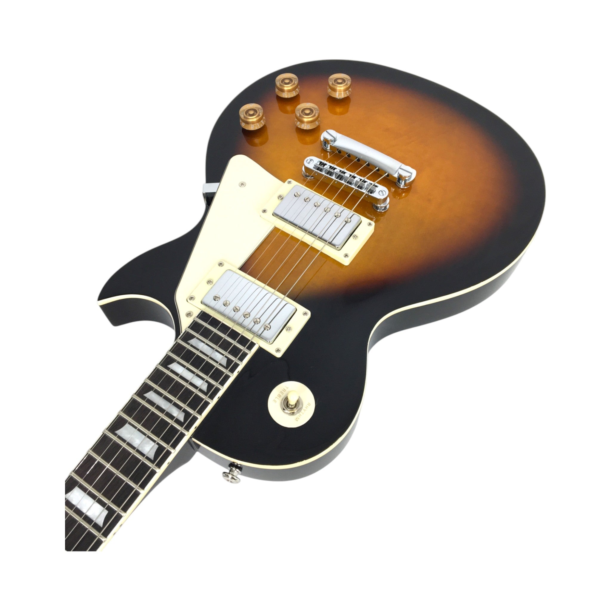 Haze SEG277 Vintageburst Electric Guitar with Humbuckers and Flame Maple Top + 10W Amp. (Optional)