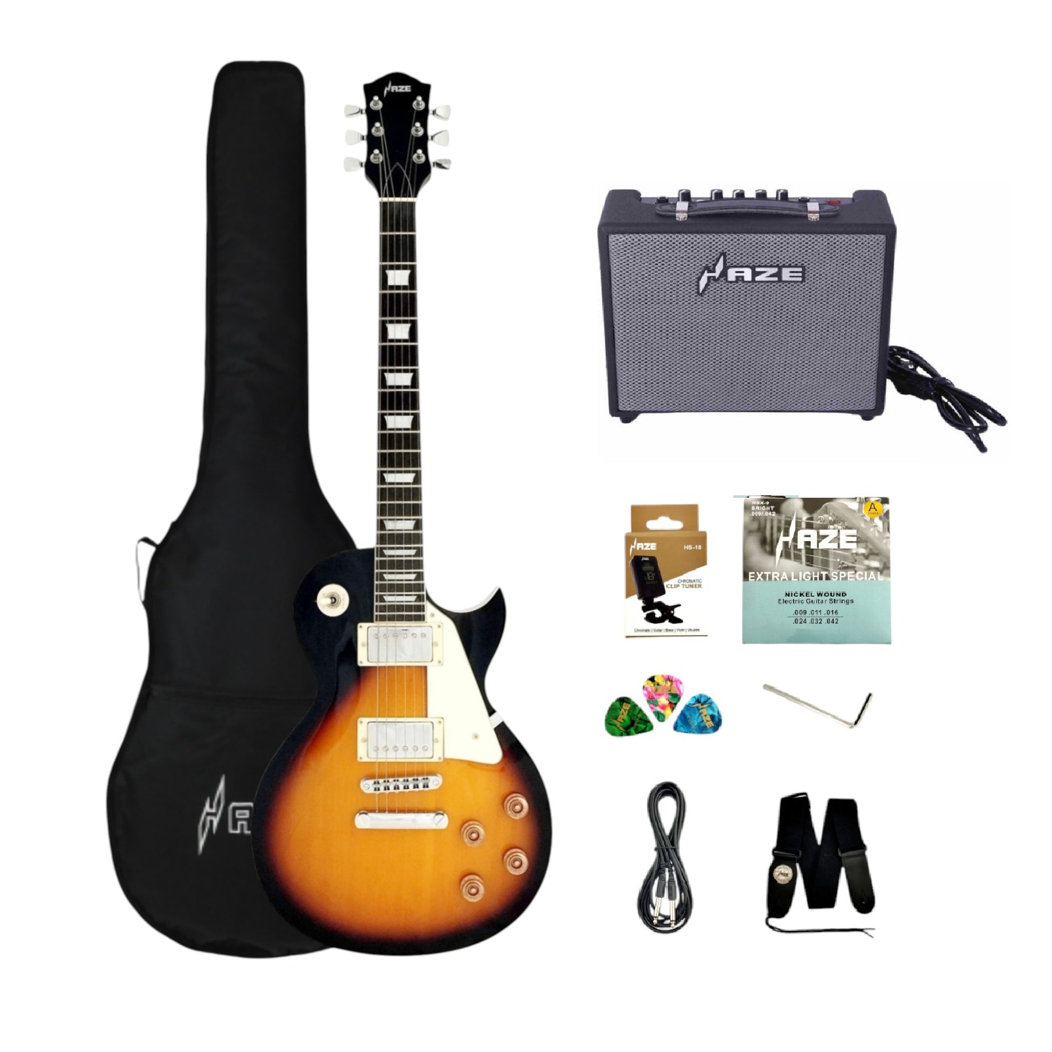 Haze SEG277 Vintageburst Electric Guitar with Humbuckers and Flame Maple Top + 10W Amp. (Optional)