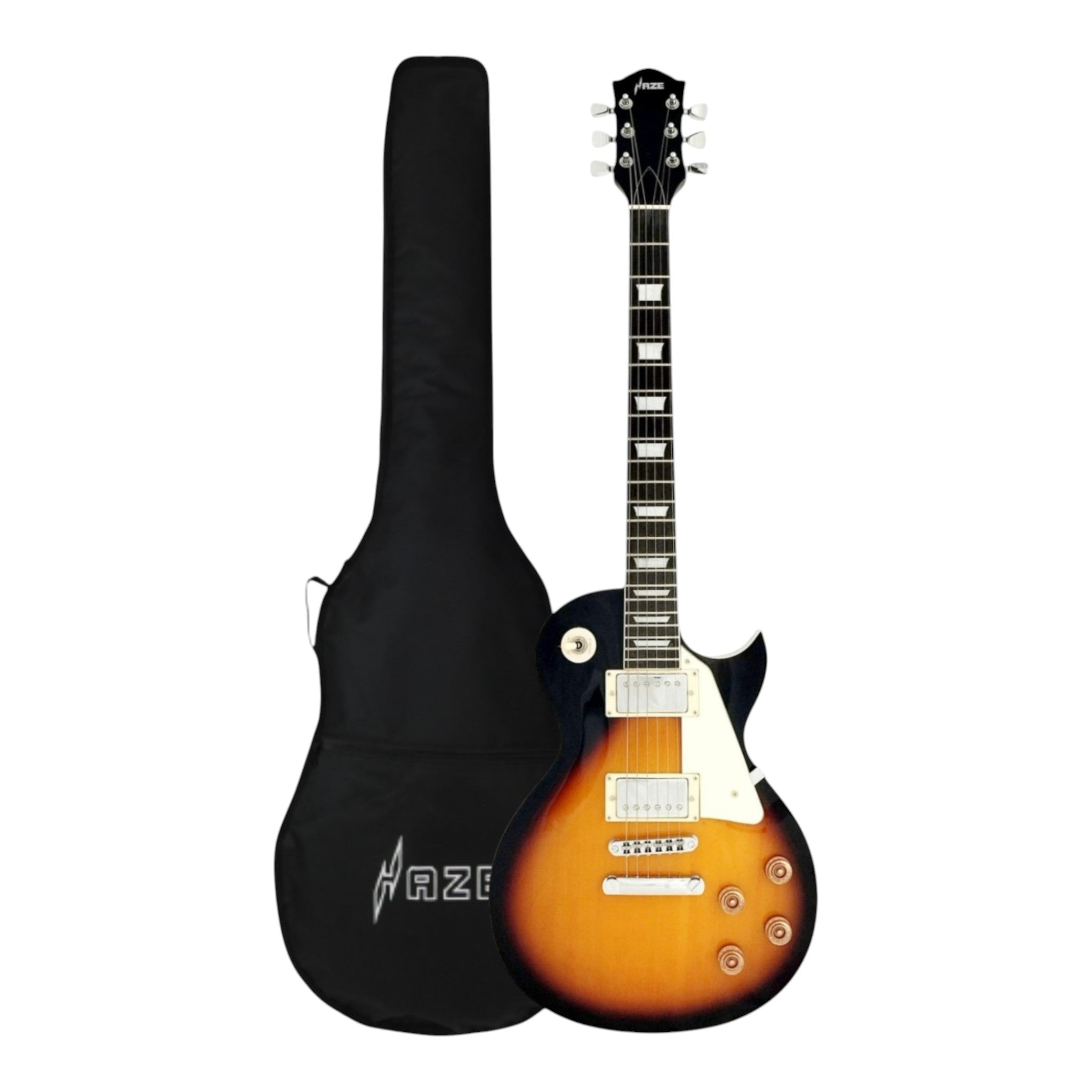 Haze SEG277 Vintageburst Electric Guitar with Humbuckers and Flame Maple Top + 10W Amp. (Optional)