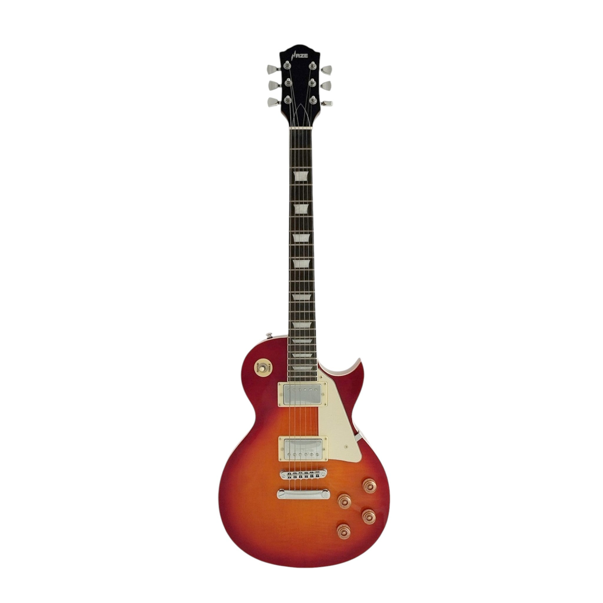 Haze SEG277 Cherryburst Electric Guitar with Humbuckers and Flame Maple Top + 10W Amp. (Optional)