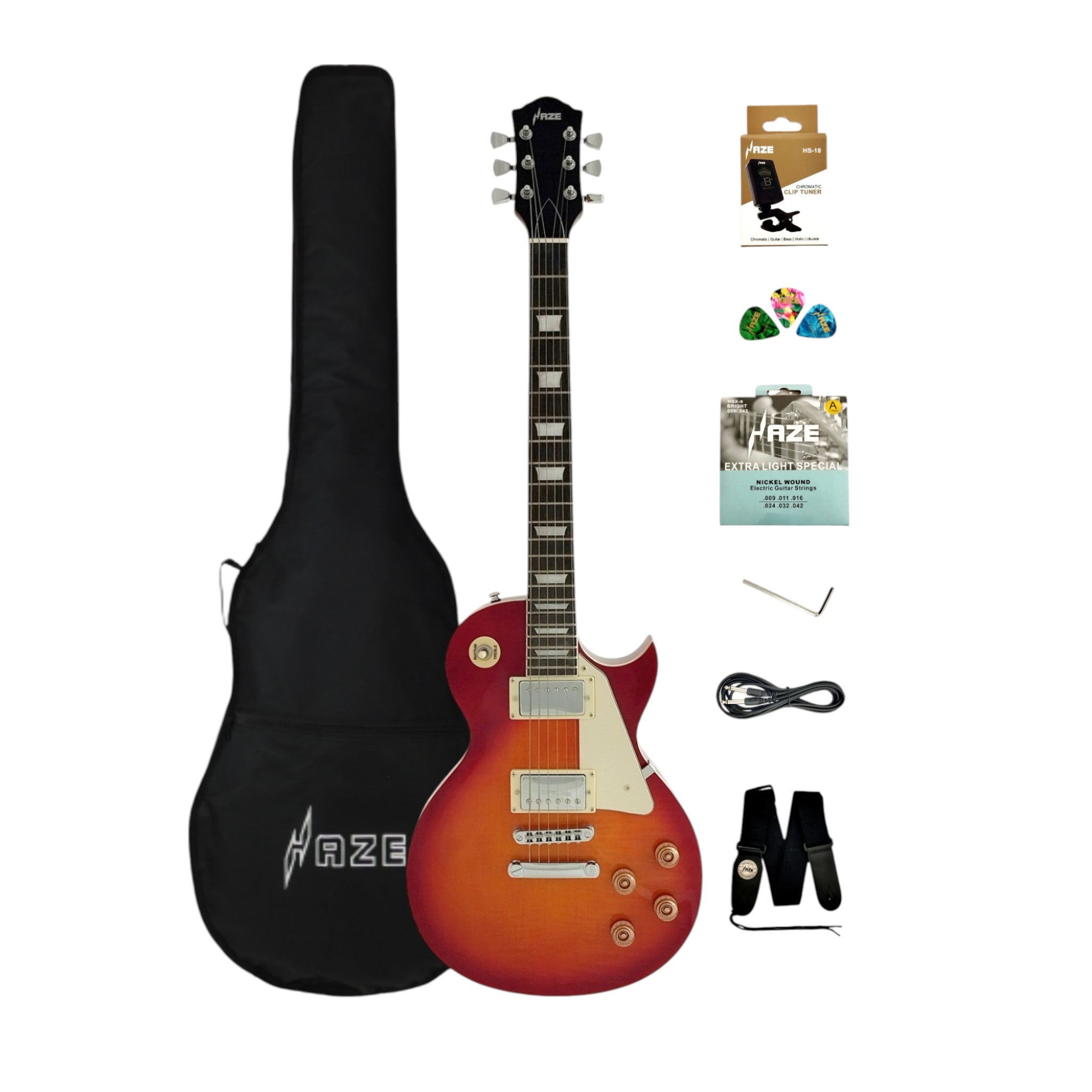 Haze SEG277 Cherryburst Electric Guitar with Humbuckers and Flame Maple Top + 10W Amp. (Optional)