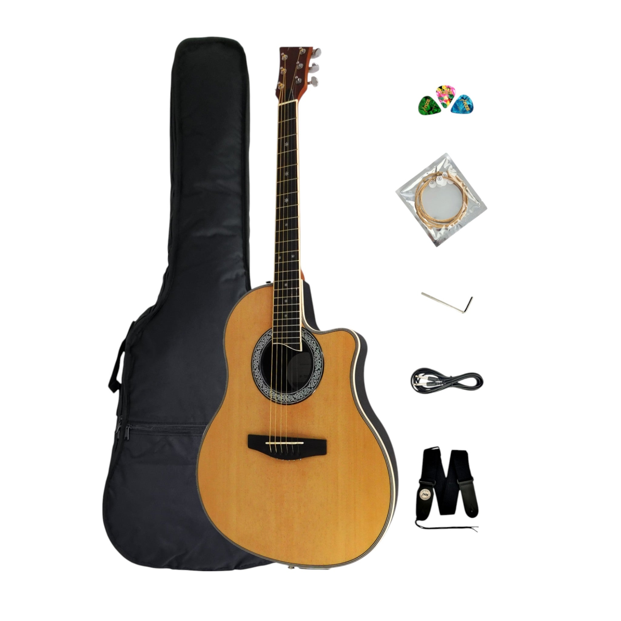 Haze SP721CEQN Fibre Glass Roundback Built-In Pickups/Tuner Acoustic Guitar - Natural with Accessories and 10W Amp. (Optional)