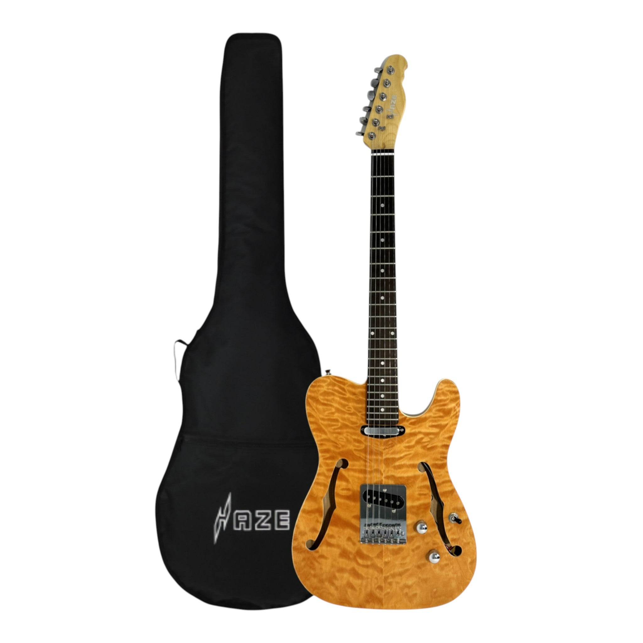 Haze TL190 Quilted Natural Semi-Hollow Lightweight Electric Guitar with Single Coil Pickups