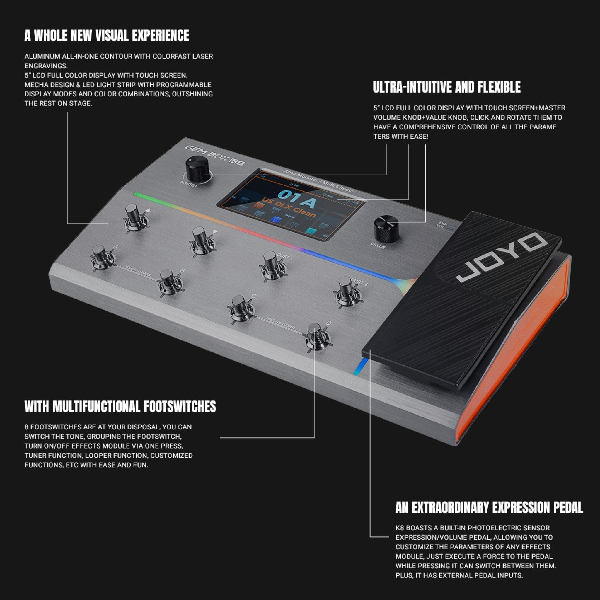Joyo GEMBOX K8 Guitar Amp Modeller Multi-Effects Processor w/ Built-In USB-C Audio Interface & Expression Pedal - GEMBOXK8
