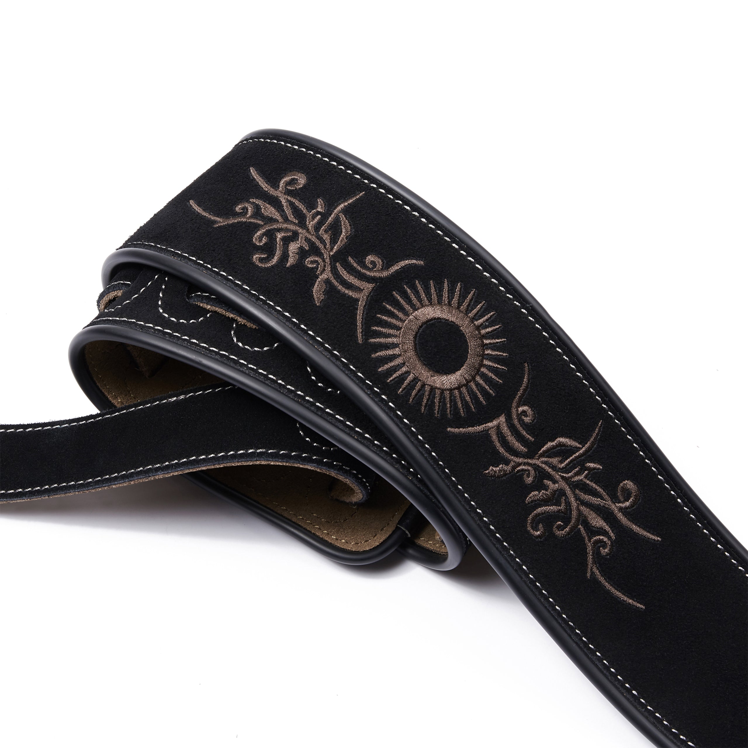 Amumu LE01EBK Embroidered Totem Guitar Strap Black Premium Suede Leather