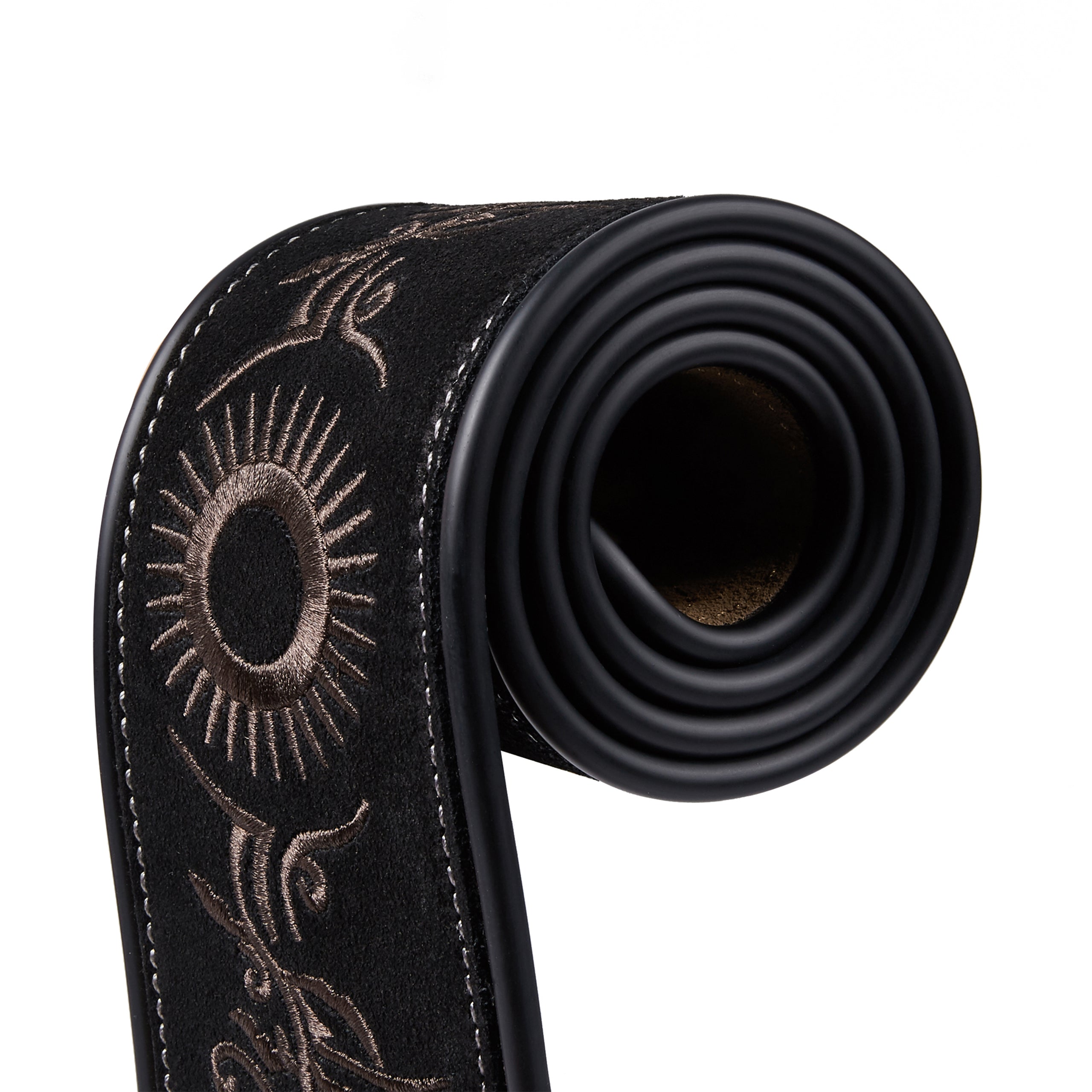 Amumu LE01EBK Embroidered Totem Guitar Strap Black Premium Suede Leather