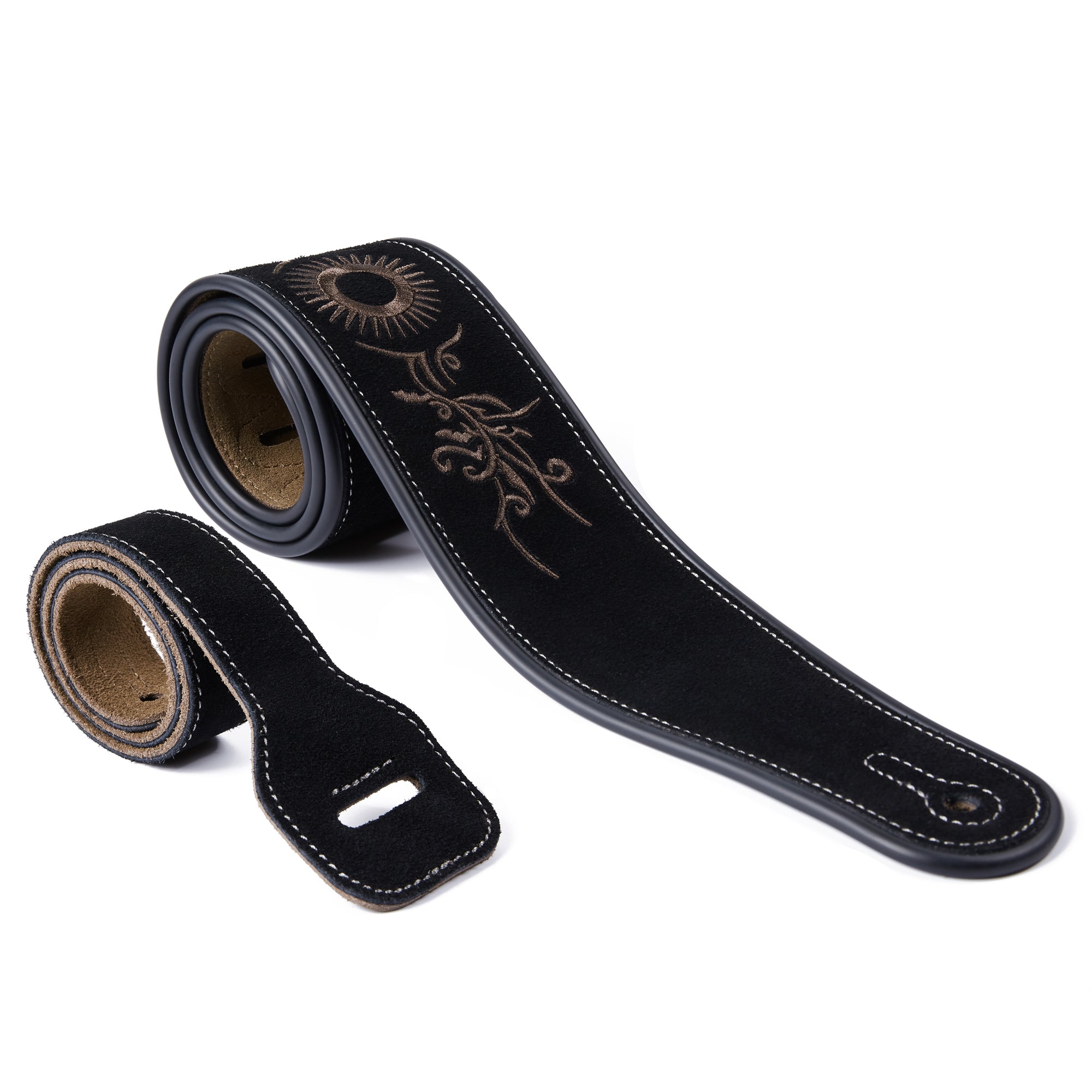 Amumu LE01EBK Embroidered Totem Guitar Strap Black Premium Suede Leather