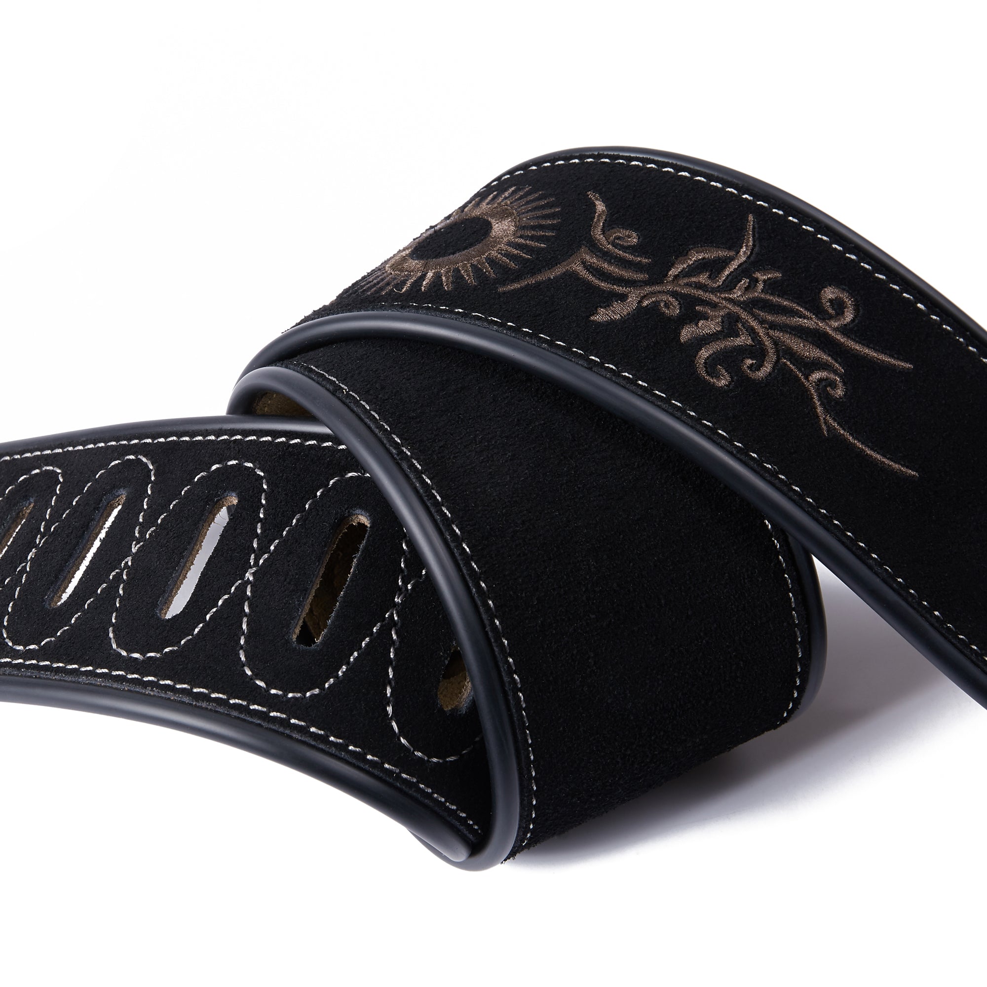 Amumu LE01EBK Embroidered Totem Guitar Strap Black Premium Suede Leather