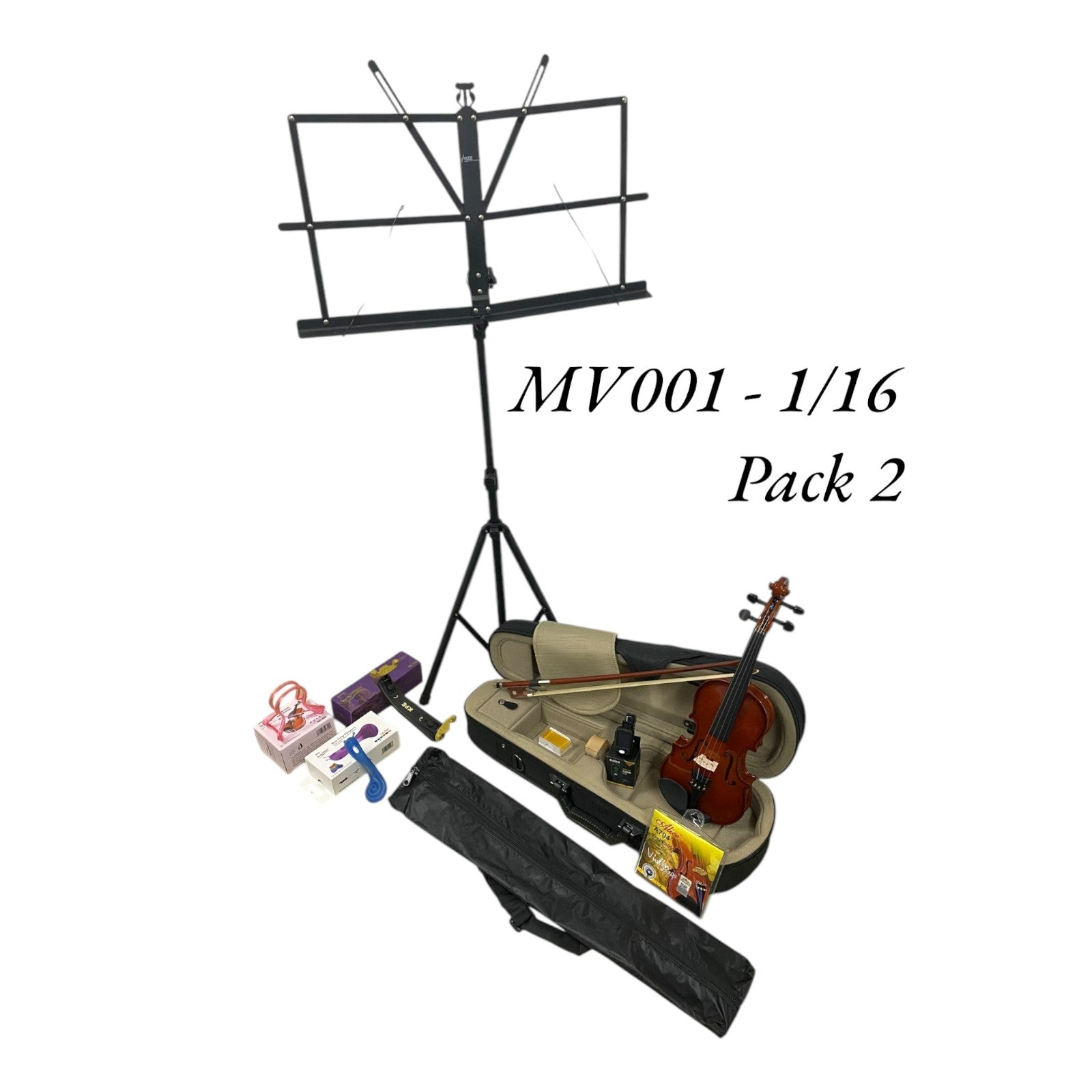 Caraya MV001 Solid Spruce Top 4/4 to 1/16 Size Violin Outfit in Natural Gloss - Beginner Bundle (MV001PK2)