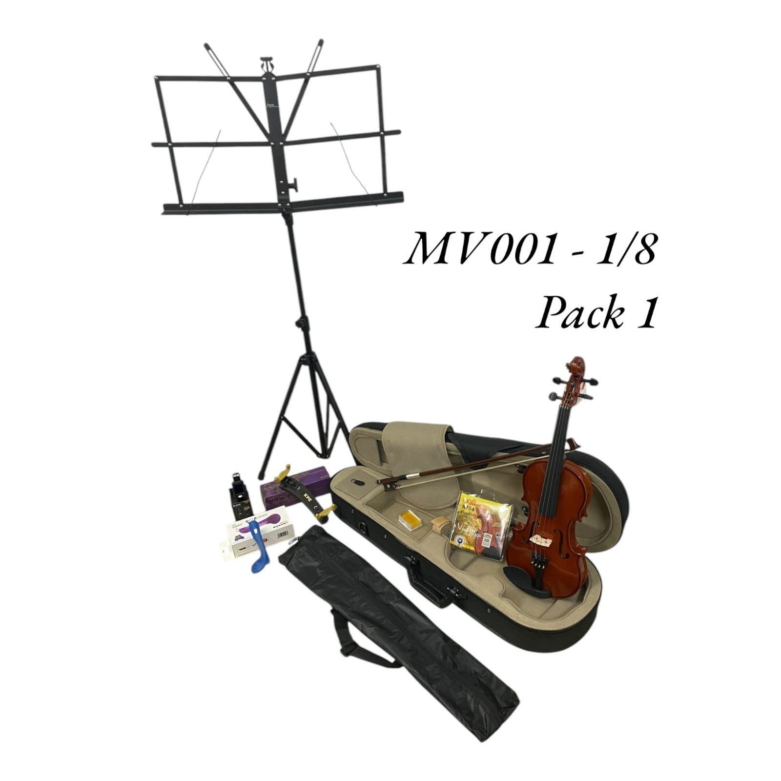 Caraya MV001 Solid Spruce Top 4/4 to 1/16 Size Violin Outfit in Natural Gloss - Student Bundle (MV001PK1)