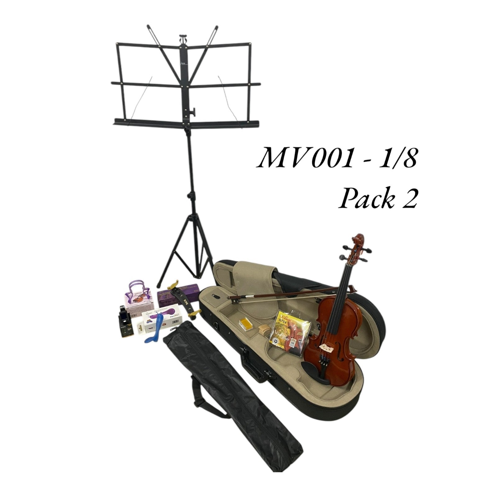 Caraya MV001 Solid Spruce Top 4/4 to 1/16 Size Violin Outfit in Natural Gloss - Beginner Bundle (MV001PK2)