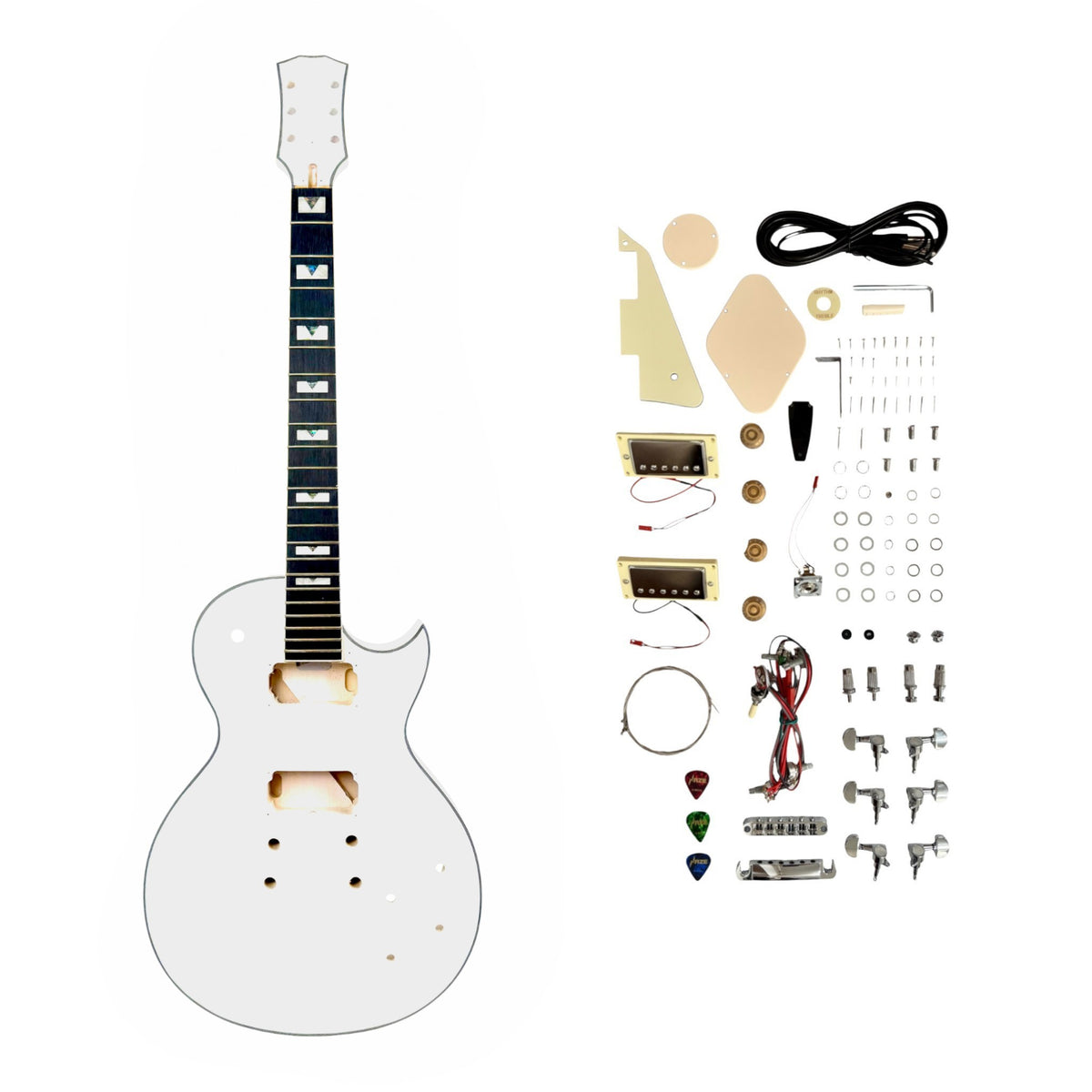 E238DIYWH White-Primed Arched Top Solid Basswood Body Maple Set-Neck HLP H-H Electric Guitar DIY Kit - Complete No-Soldering w/ 3-Ply Ivory Trims & Chrome Hardware