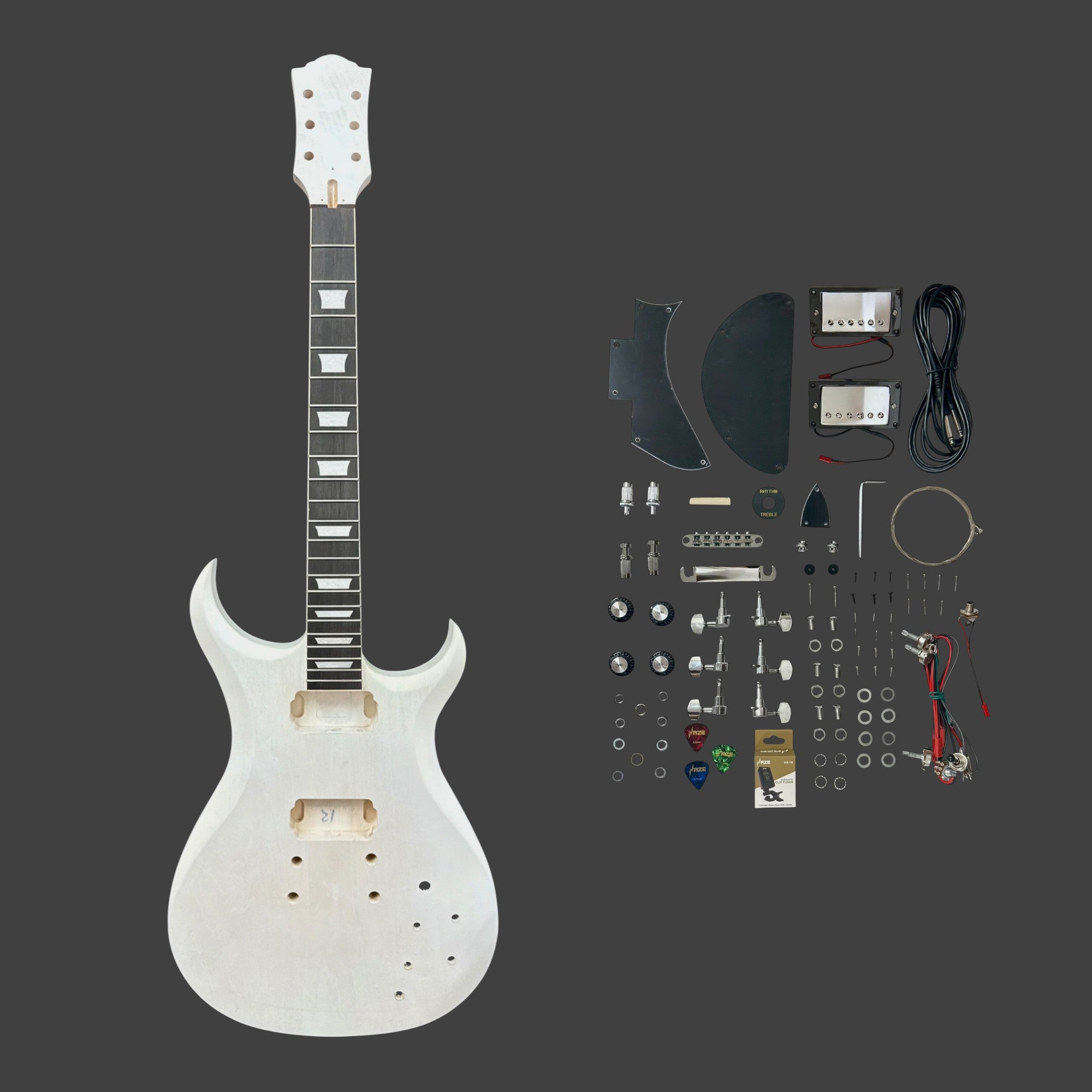 E575DIY White-Primed Poplar Body Set-Neck HGS H-H Electric Guitar DIY Kit - Complete No-Soldering w/ 3-Ply Ebony Trims & Chrome Hardware