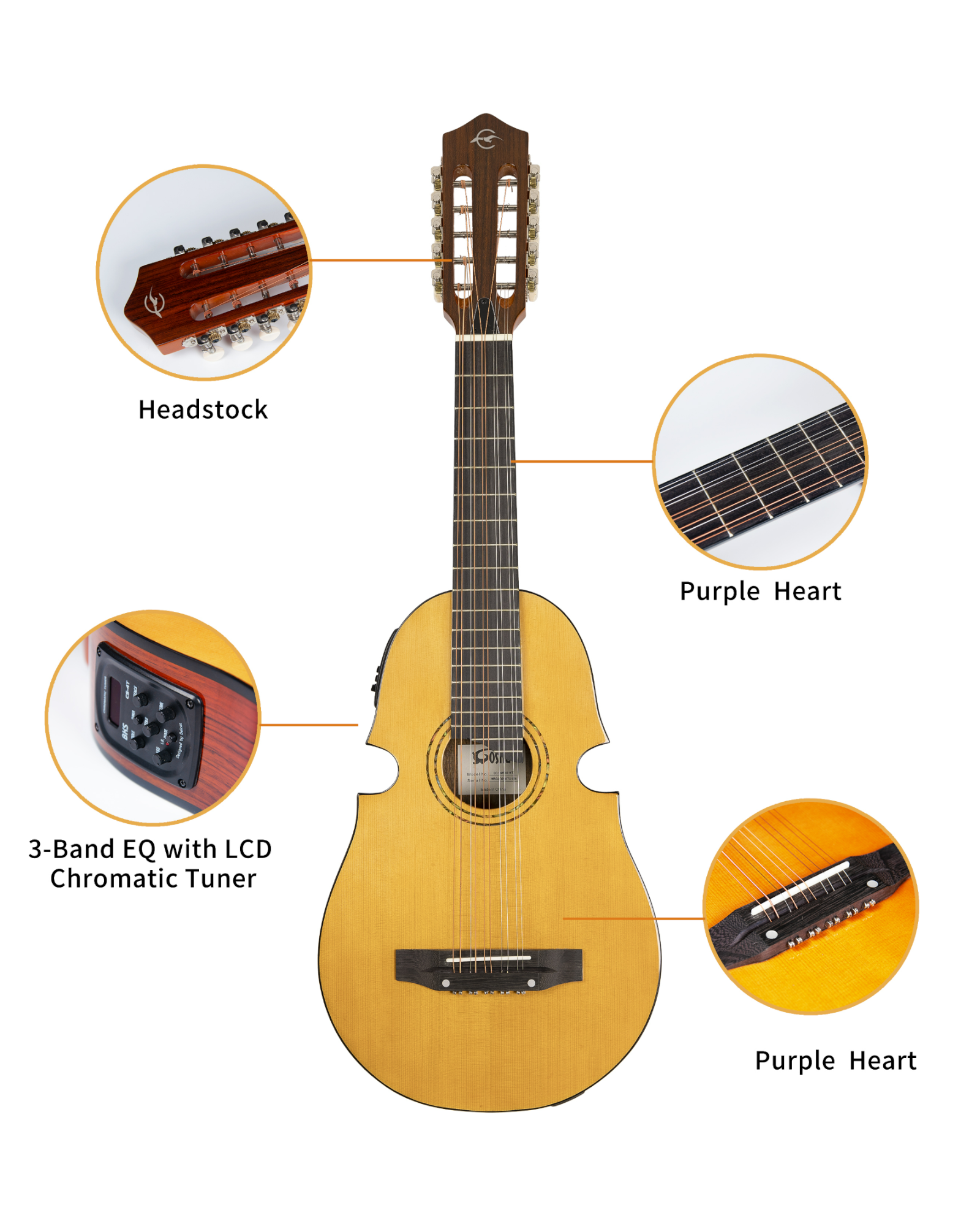 Caraya Solid Spruce Electric-Acoustic 10-String Cuatro Latin-American Guitar w/ Built-in Belcat EQ & Tuner - C4800NT