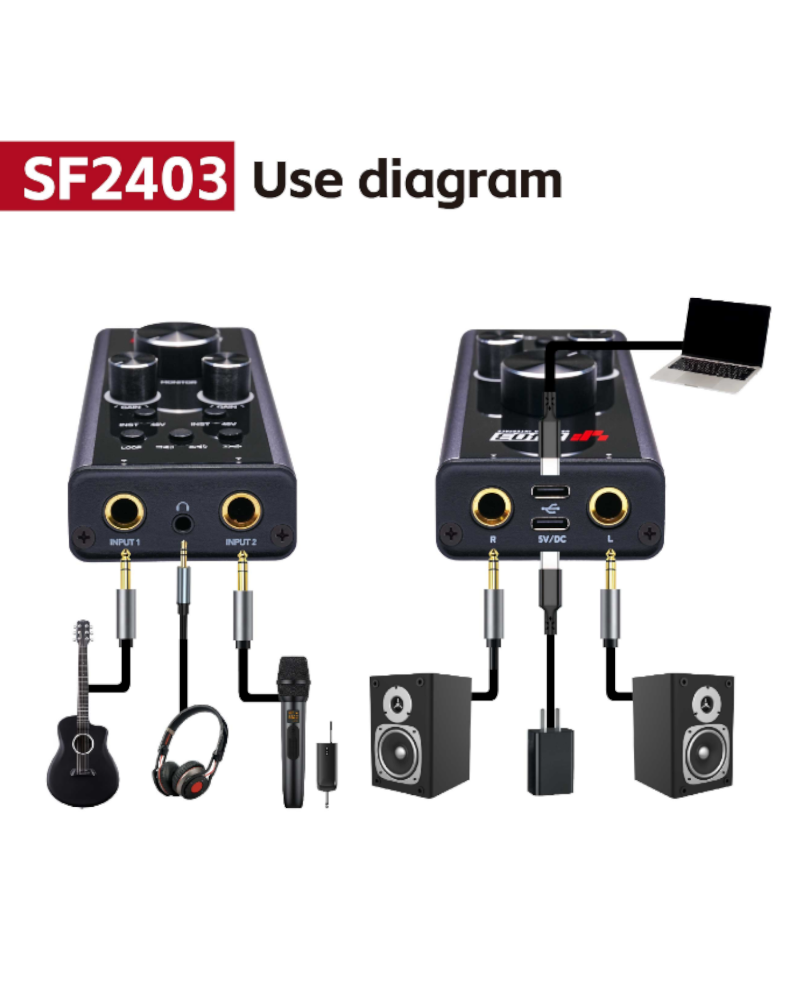 Simplefly Analog Dual-Channel 24bit/192kHz AD/DA Converter USB-C Audio Interface w/ 48V Phantom Power Supply & Loopback Function - SF2403