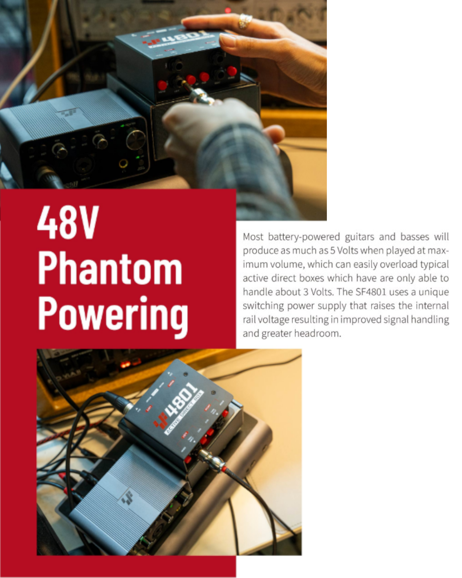 Simplefly Active Dual-Channel 48V Phantom Powered 6.35mm to XLR Recording Signal Direct Injection DI Box w/ REV180° & Ground Lift Switch - SF4801