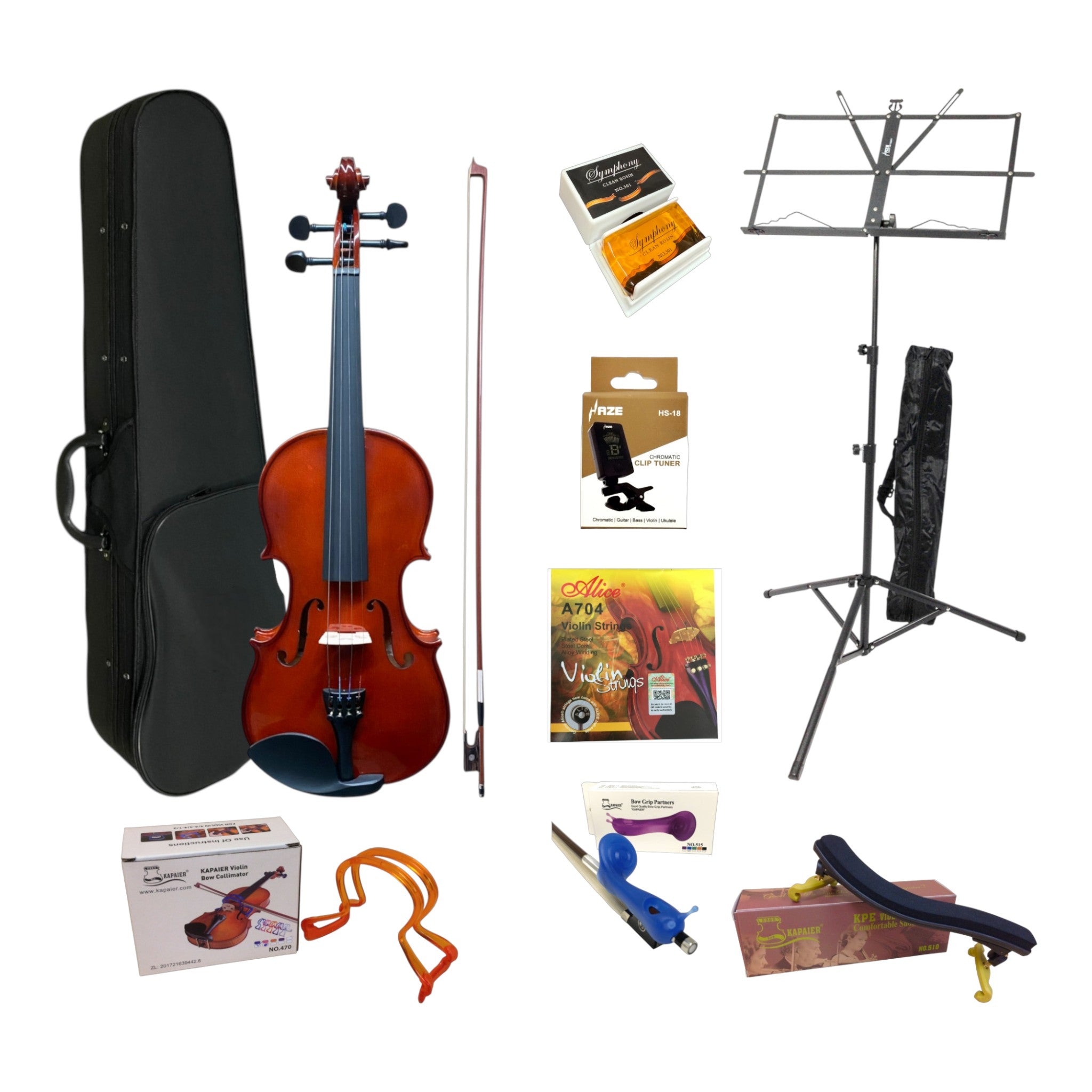 Caraya MV001 Solid Spruce Top 4/4 to 1/16 Size Violin Outfit in Natural Gloss - Beginner Bundle (MV001PK2)