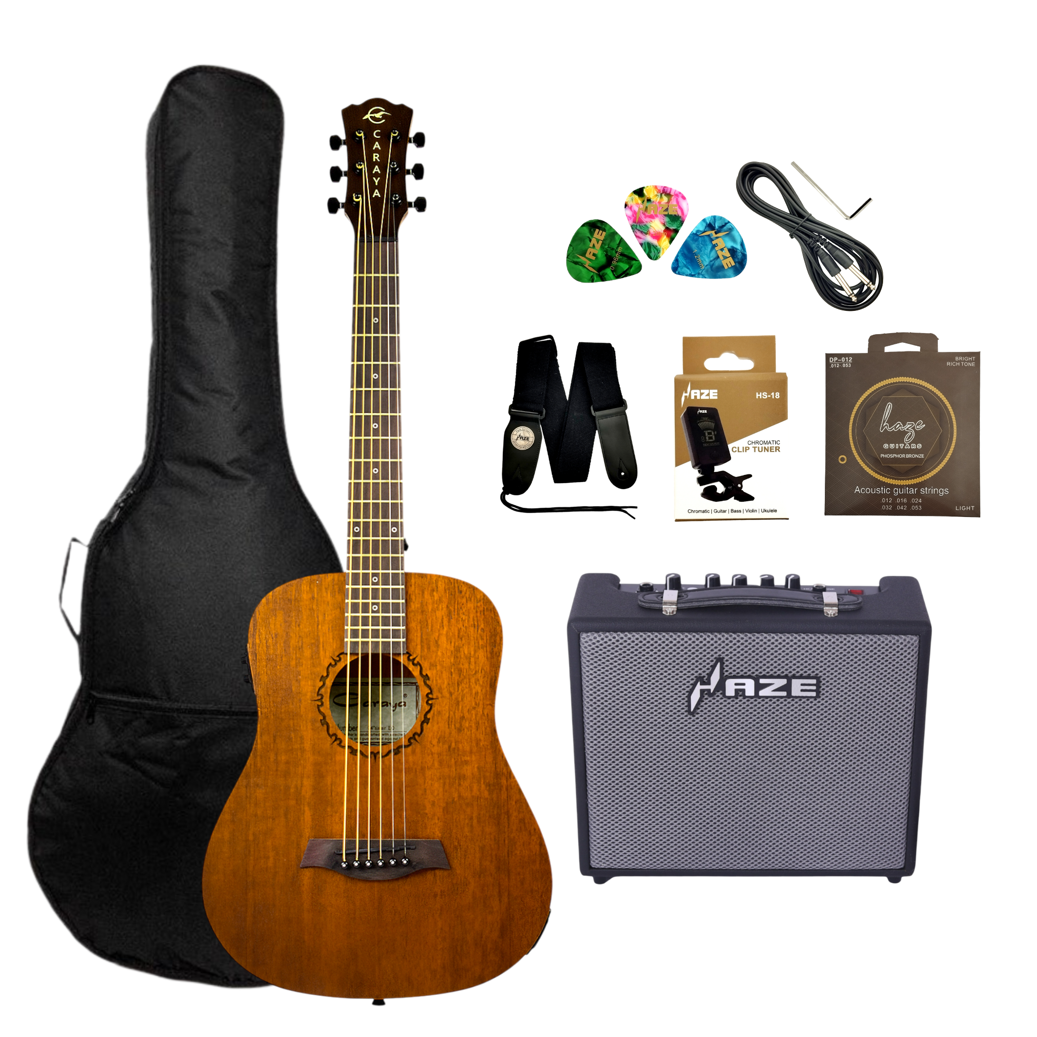 Caraya SAFAIR34EQ 34" All Mahogany Built-In Pickups/Tuner Acoustic Guitar - Natural with Accessories and 10W Amp. (Optional)
