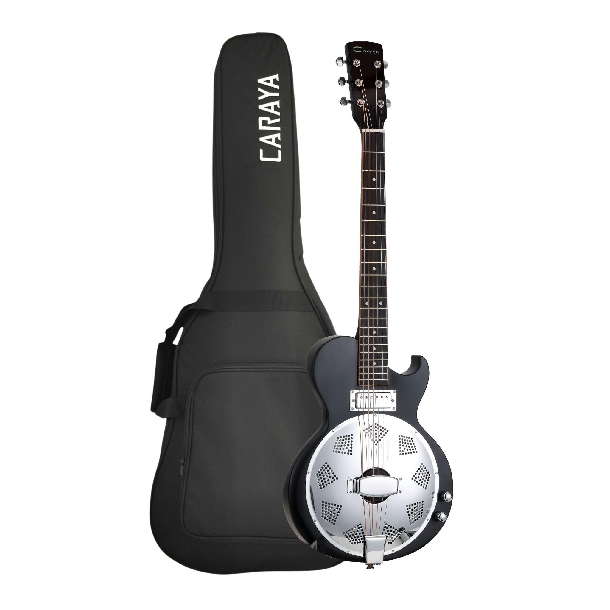 Caraya SDG80 Hybrid Electric-Acoustic Resonator Guitar – Okoume, Satin Black